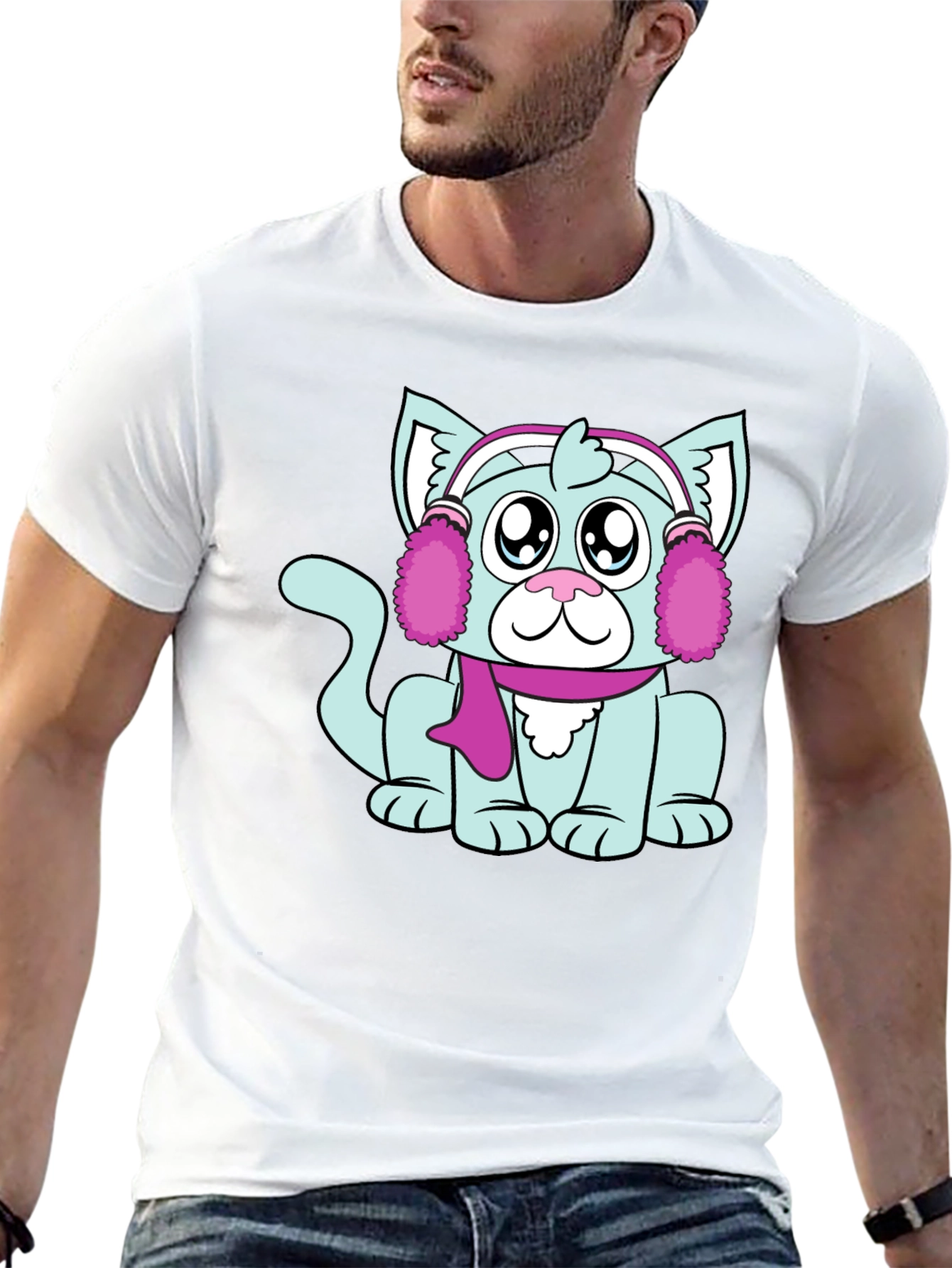 Cartoon Cat with Earmuffs Graphic T-Shirt