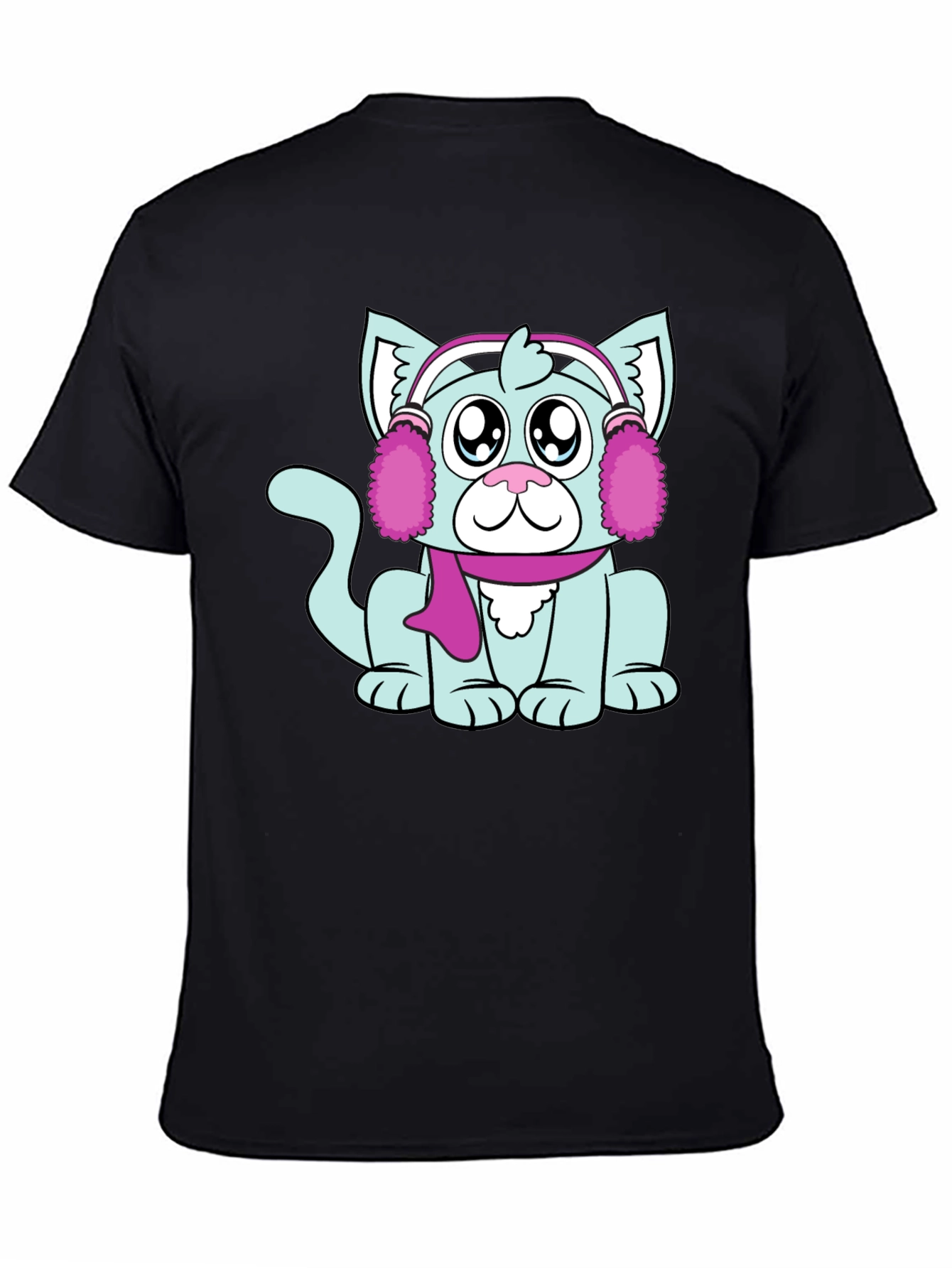Cartoon Cat with Earmuffs Graphic T-Shirt
