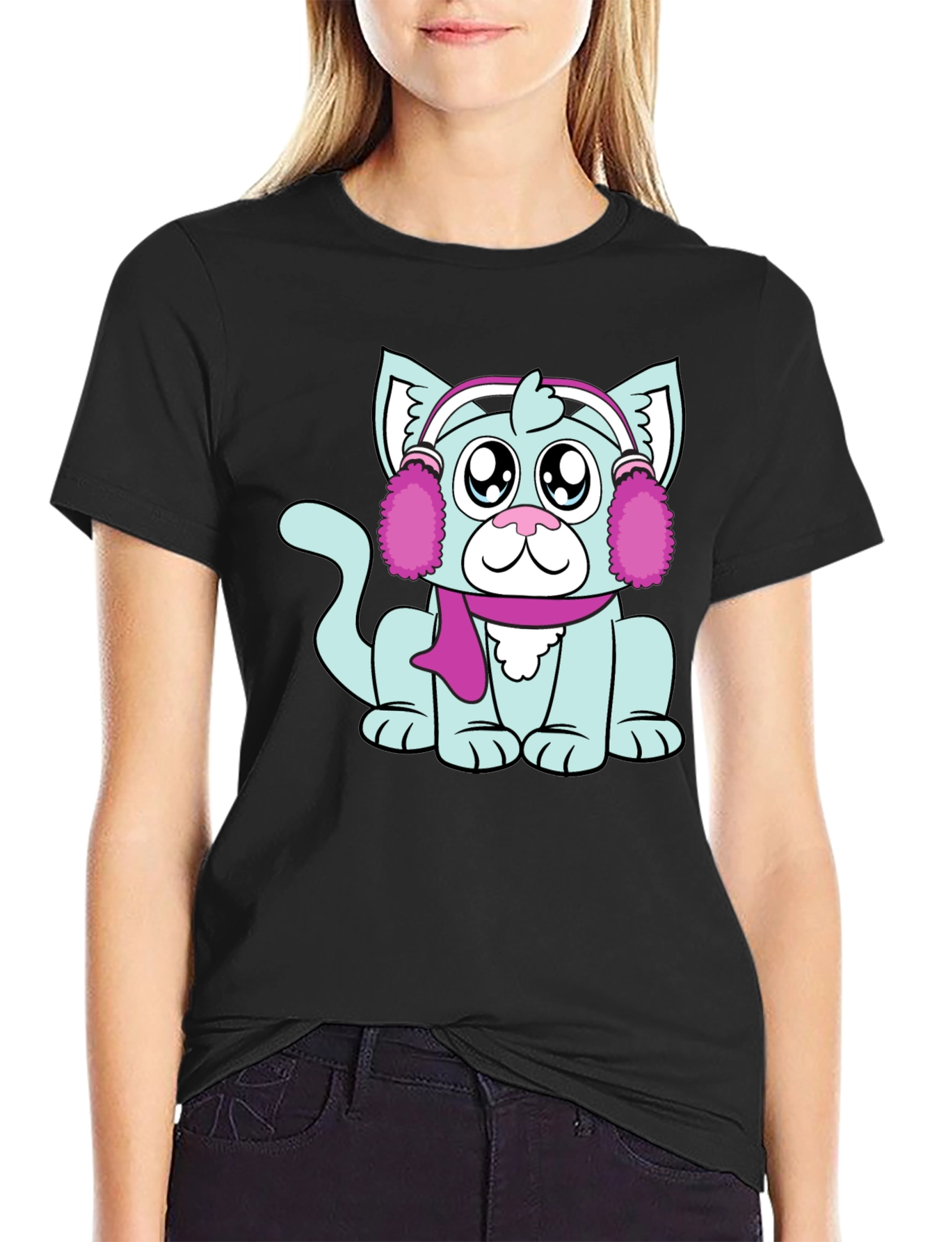 Cartoon Cat with Earmuffs Graphic T-Shirt