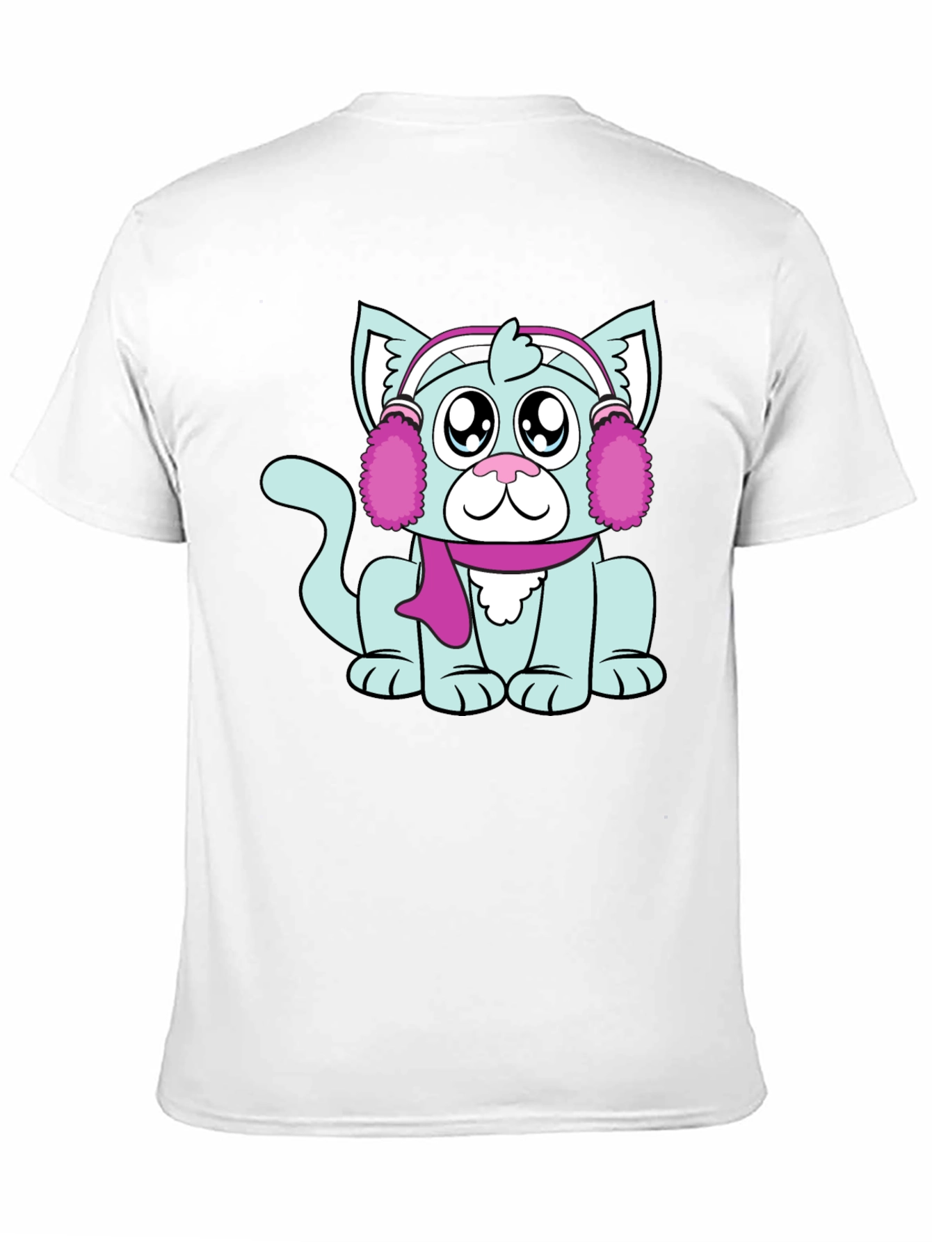 Cartoon Cat with Earmuffs Graphic T-Shirt