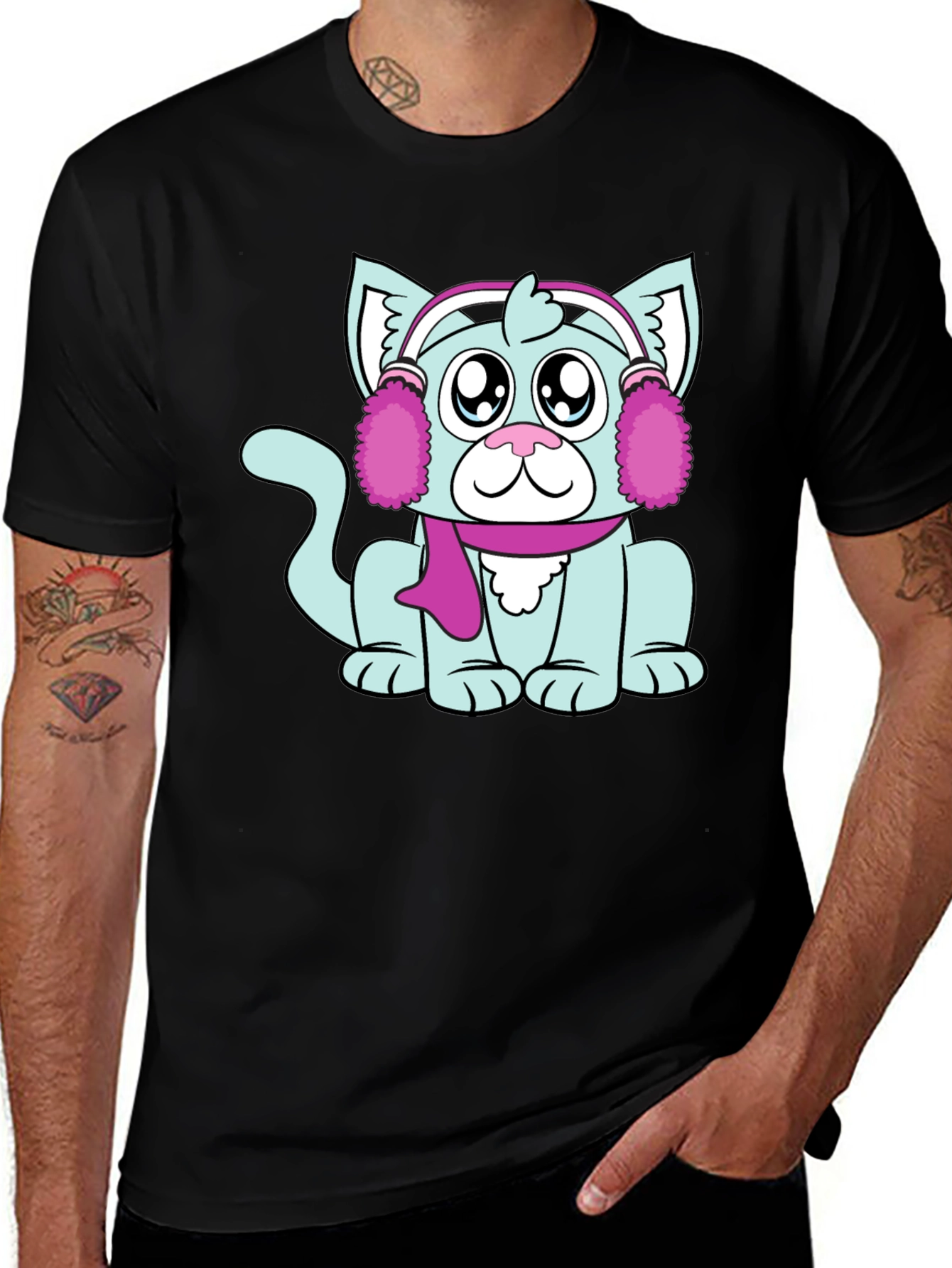 Cartoon Cat with Earmuffs Graphic T-Shirt