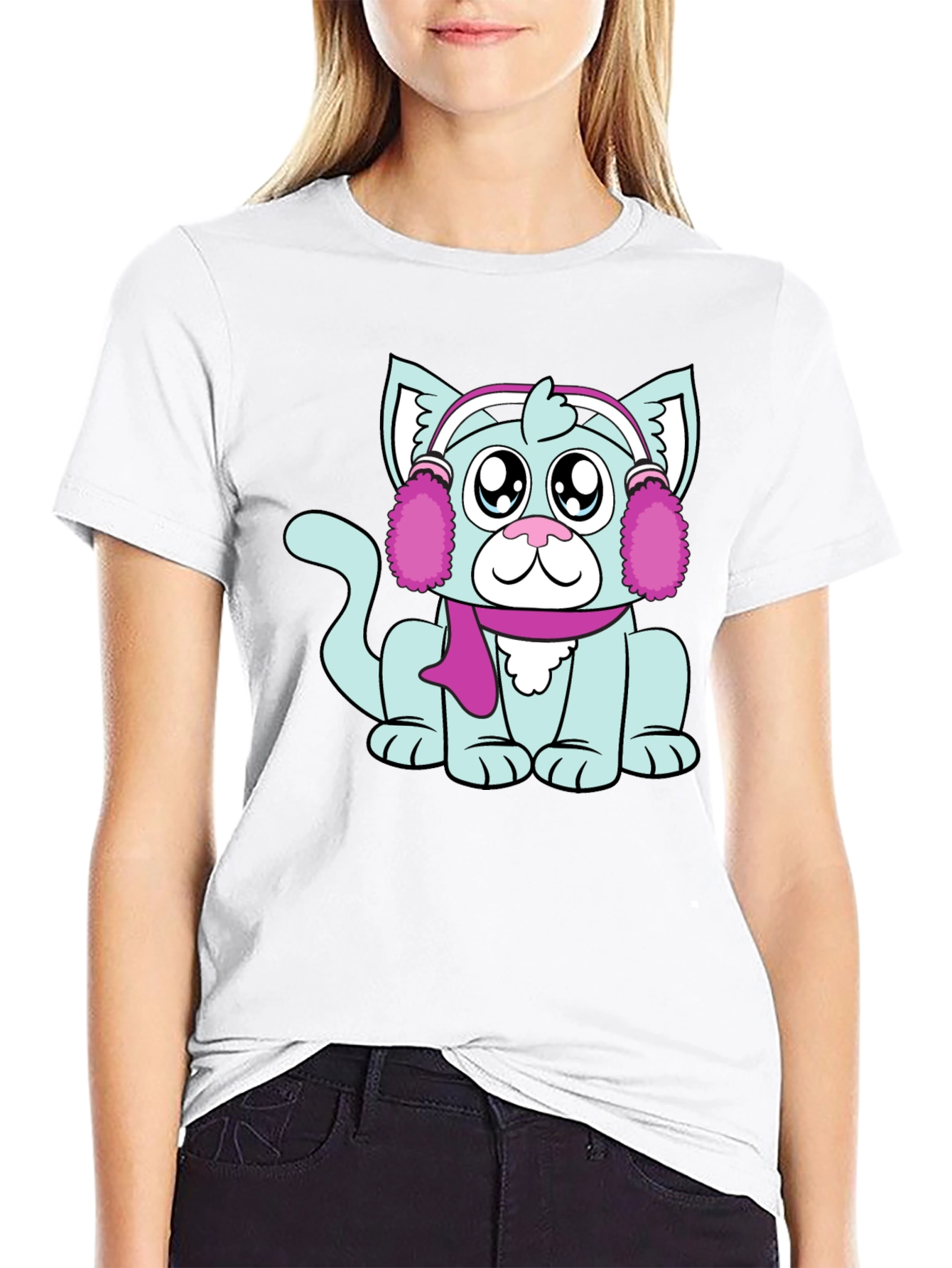 Cartoon Cat with Earmuffs Graphic T-Shirt