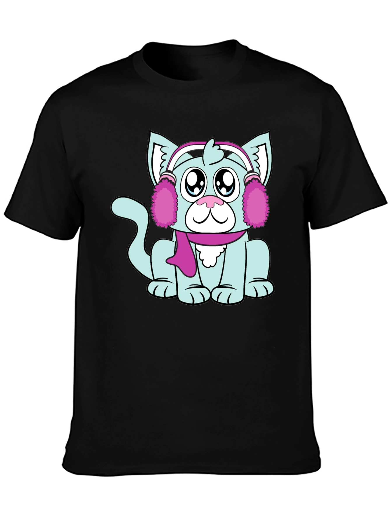 Cartoon Cat with Earmuffs Graphic T-Shirt