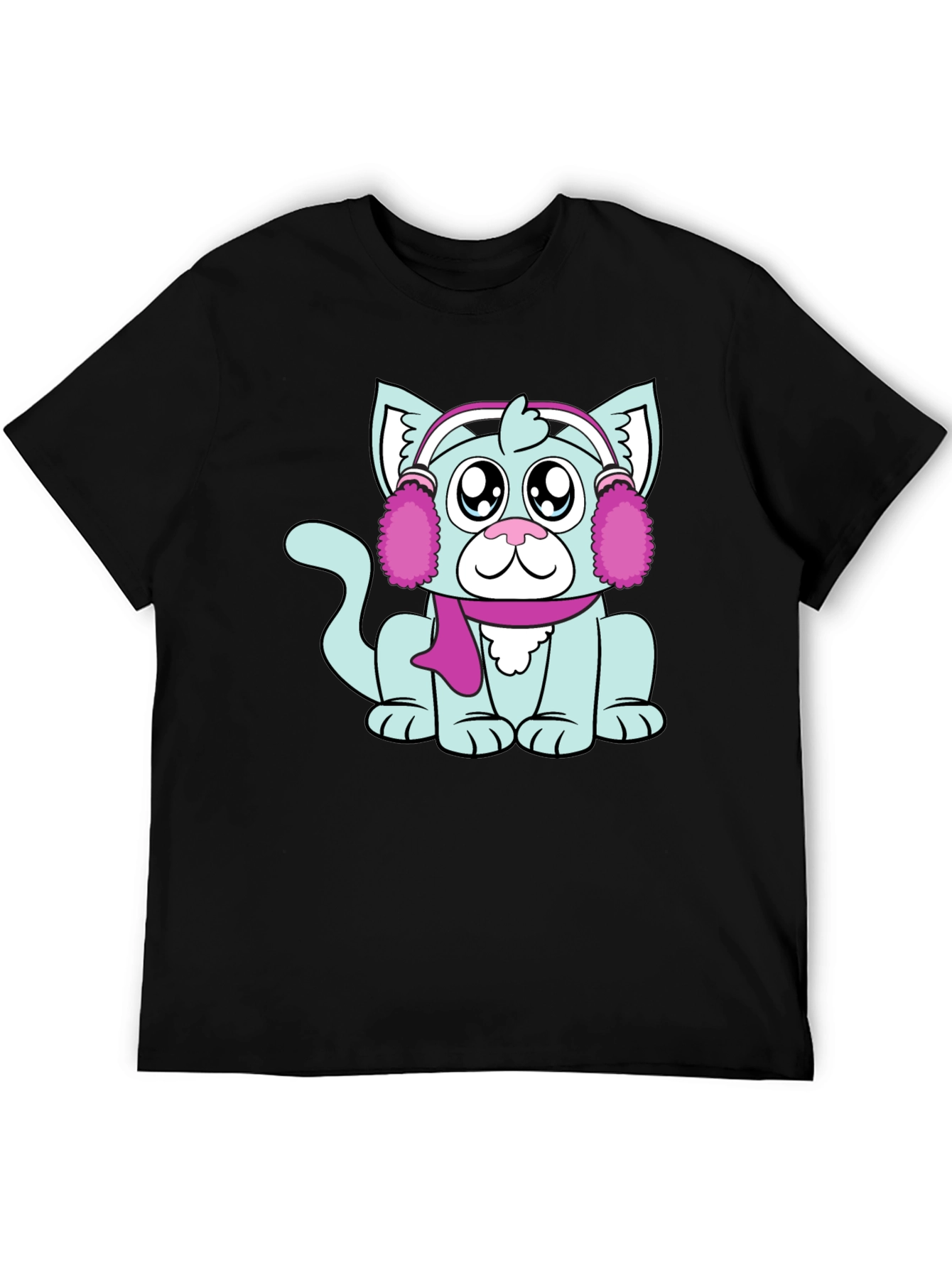Cartoon Cat with Earmuffs Graphic T-Shirt
