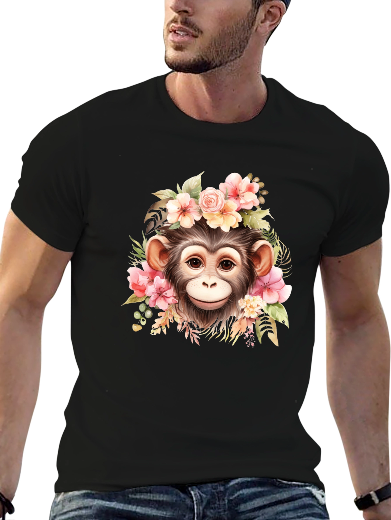Floral Monkey Graphic T-Shirt - Unisex Casual Tee