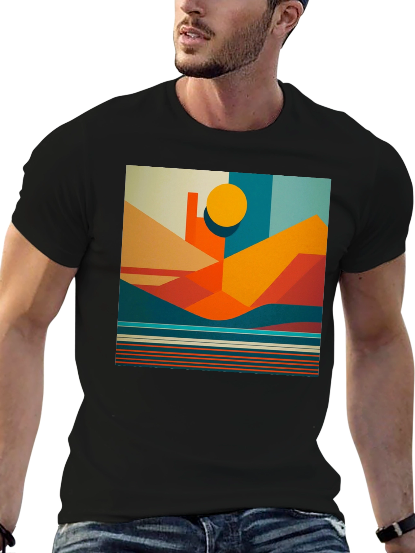 Geometric Landscape Graphic Tee - Modern Art Shirt