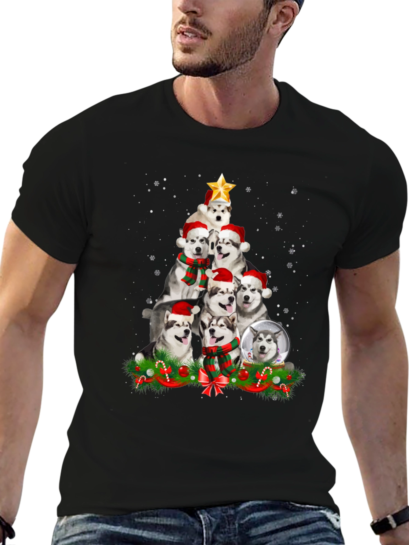 Festive Husky Christmas Tree T-Shirt