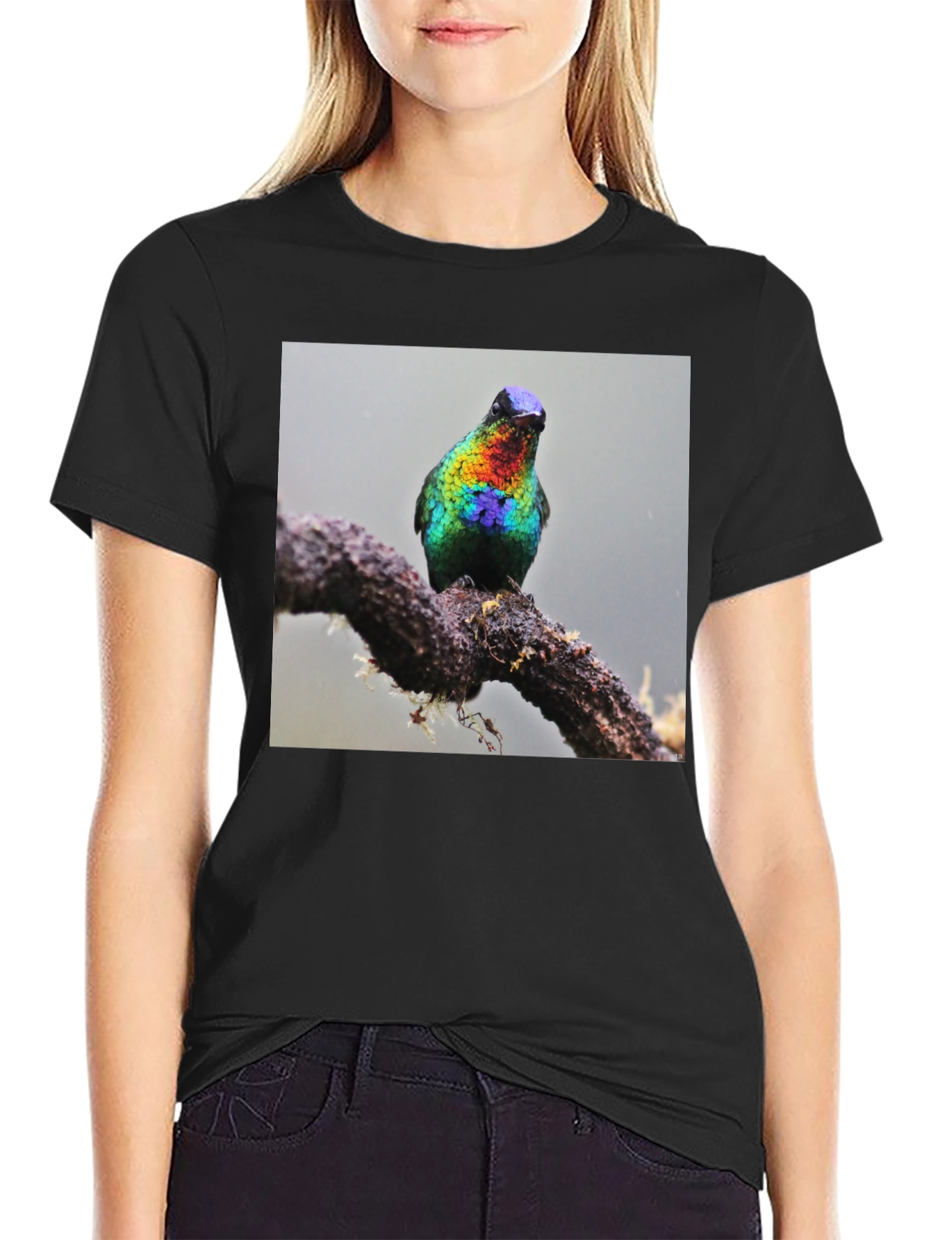 Hummingbird Print Black T-Shirt