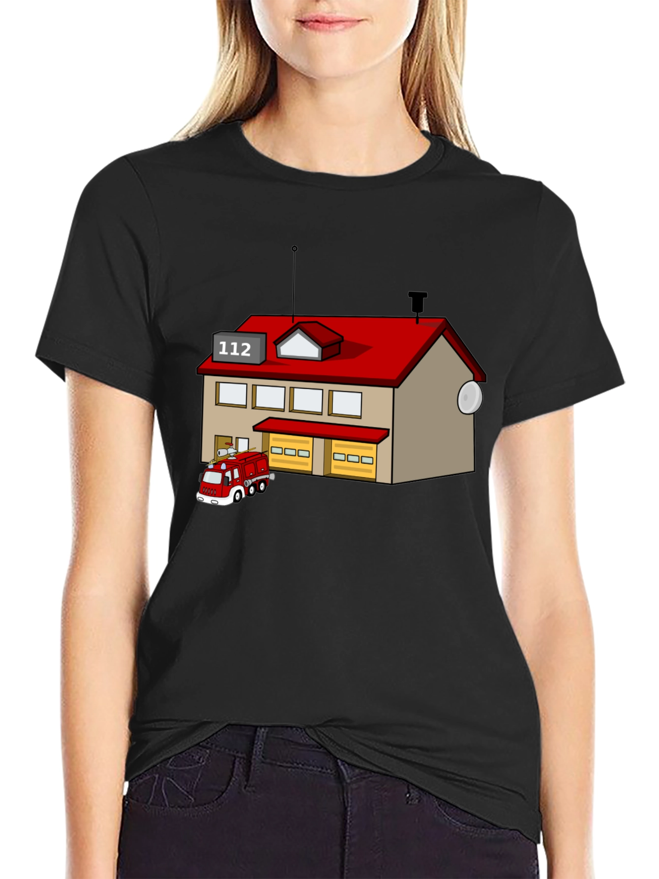 Cartoon Fire Station Black T-Shirt