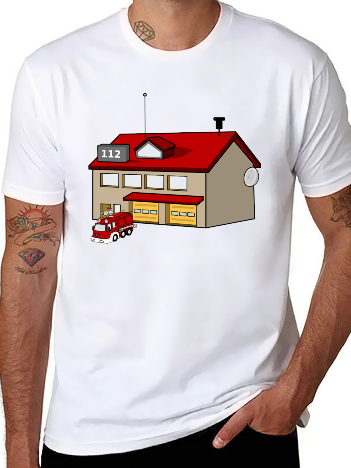 Cartoon Fire Station Black T-Shirt