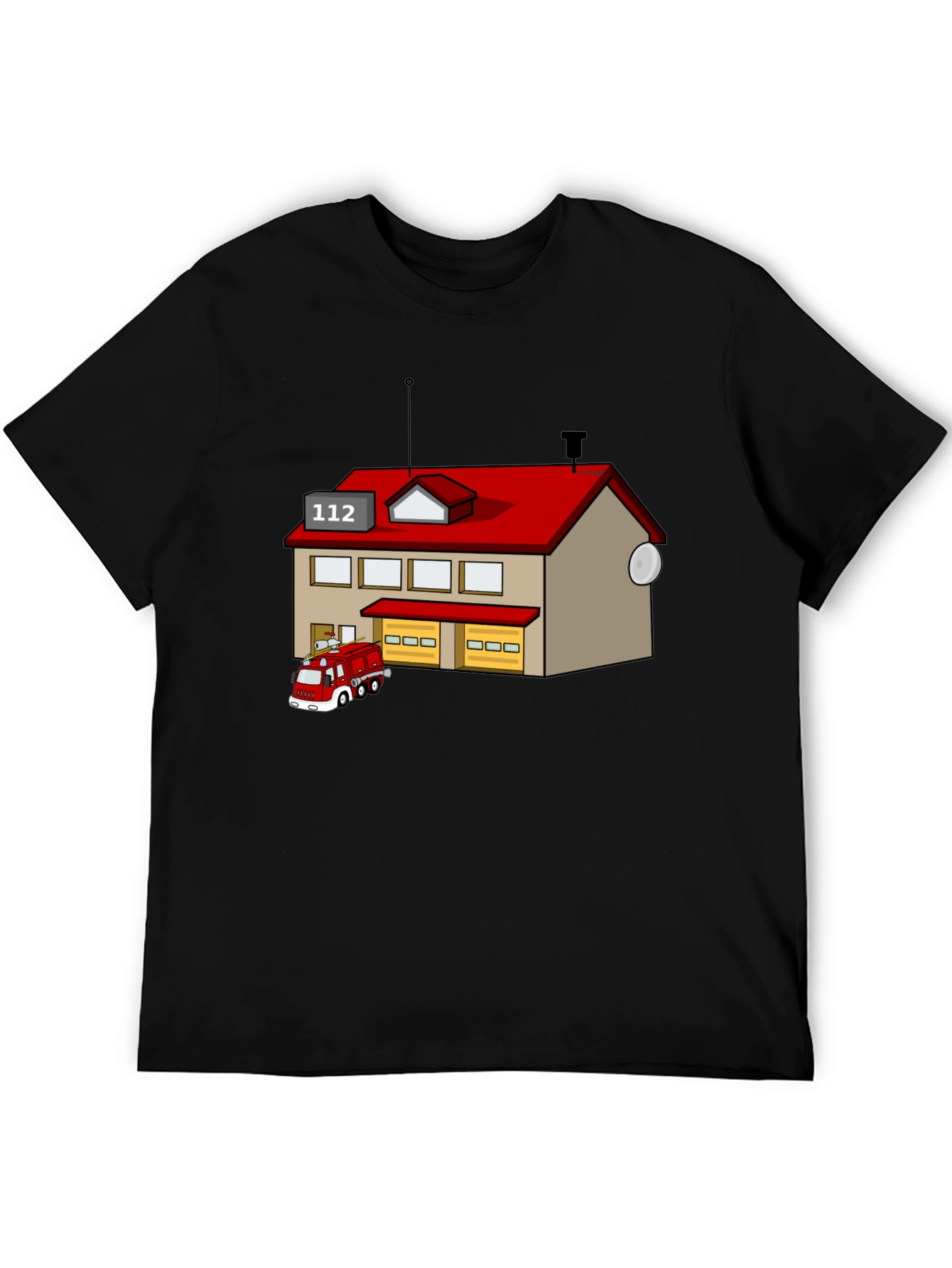 Cartoon Fire Station Black T-Shirt