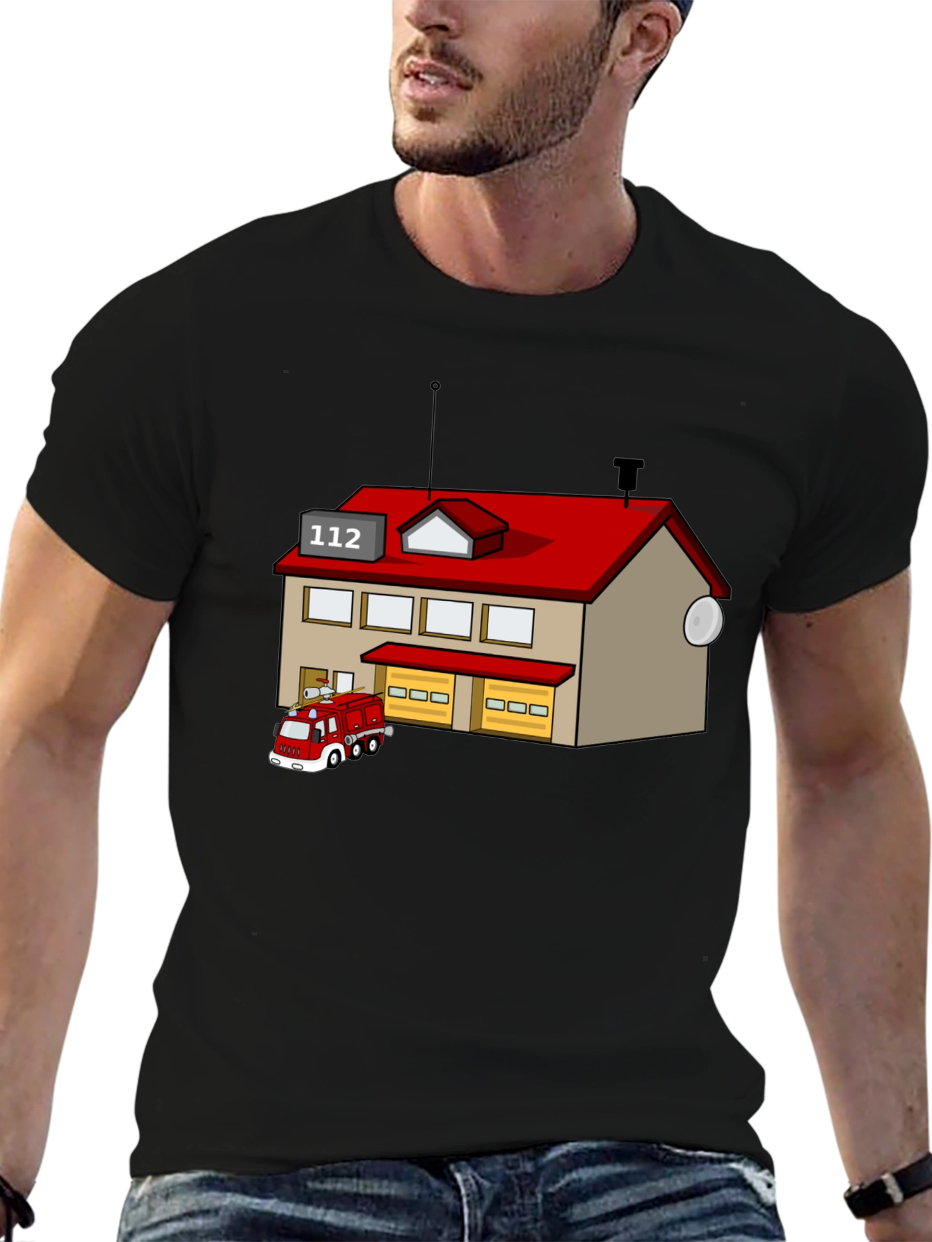 Cartoon Fire Station Black T-Shirt