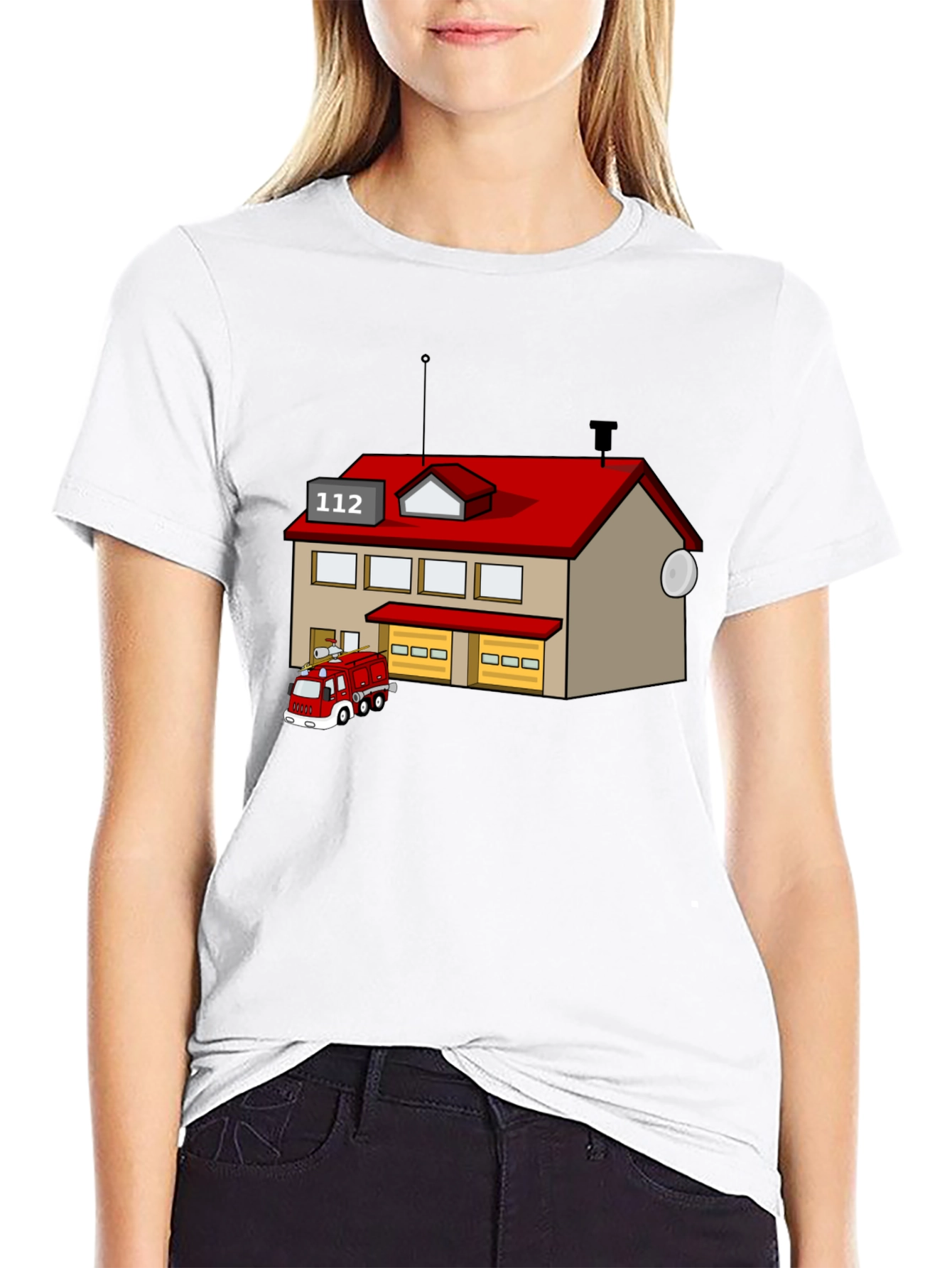 Cartoon Fire Station Black T-Shirt