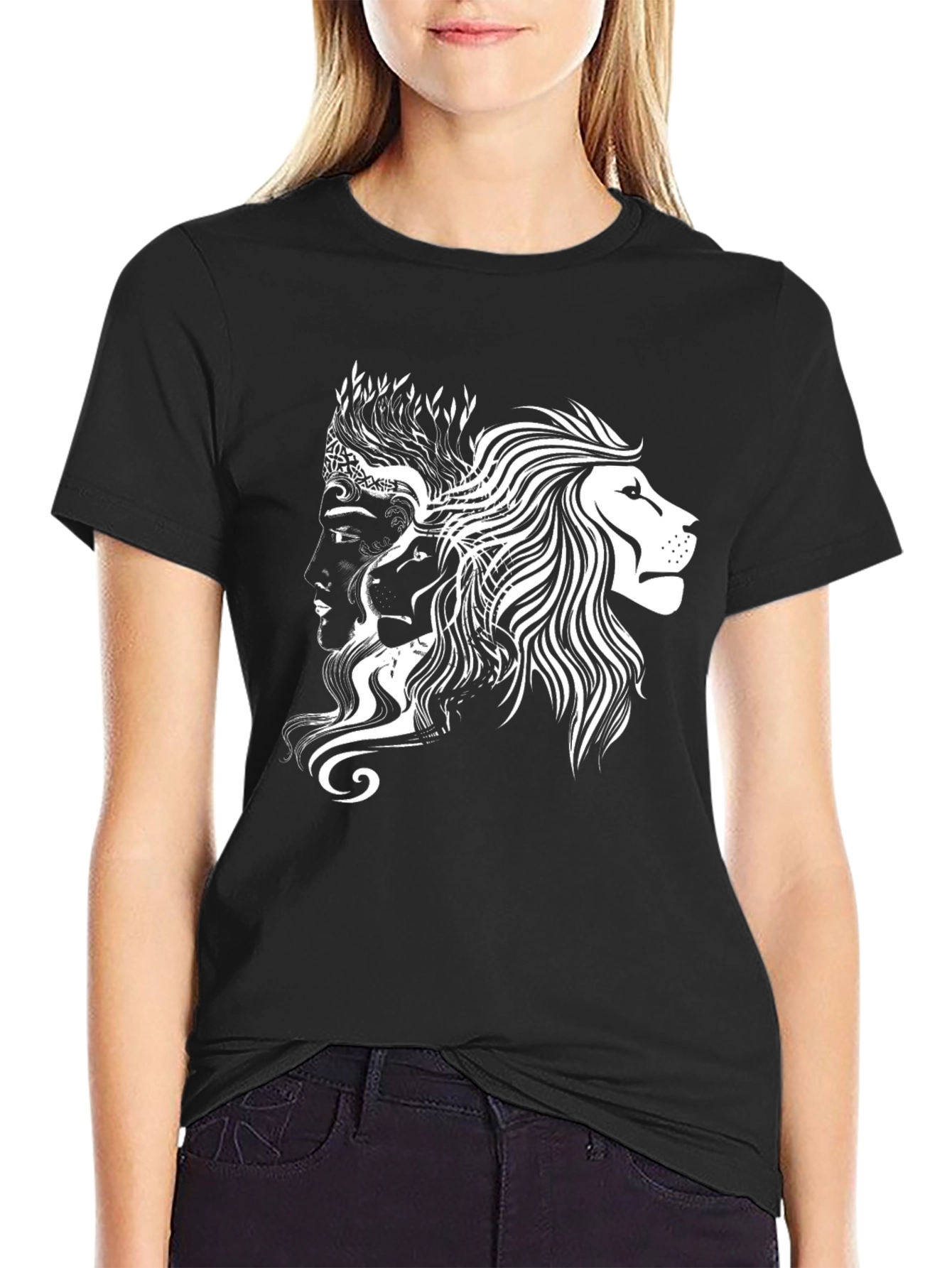 Black Graphic Tee - Lion & Faces Design