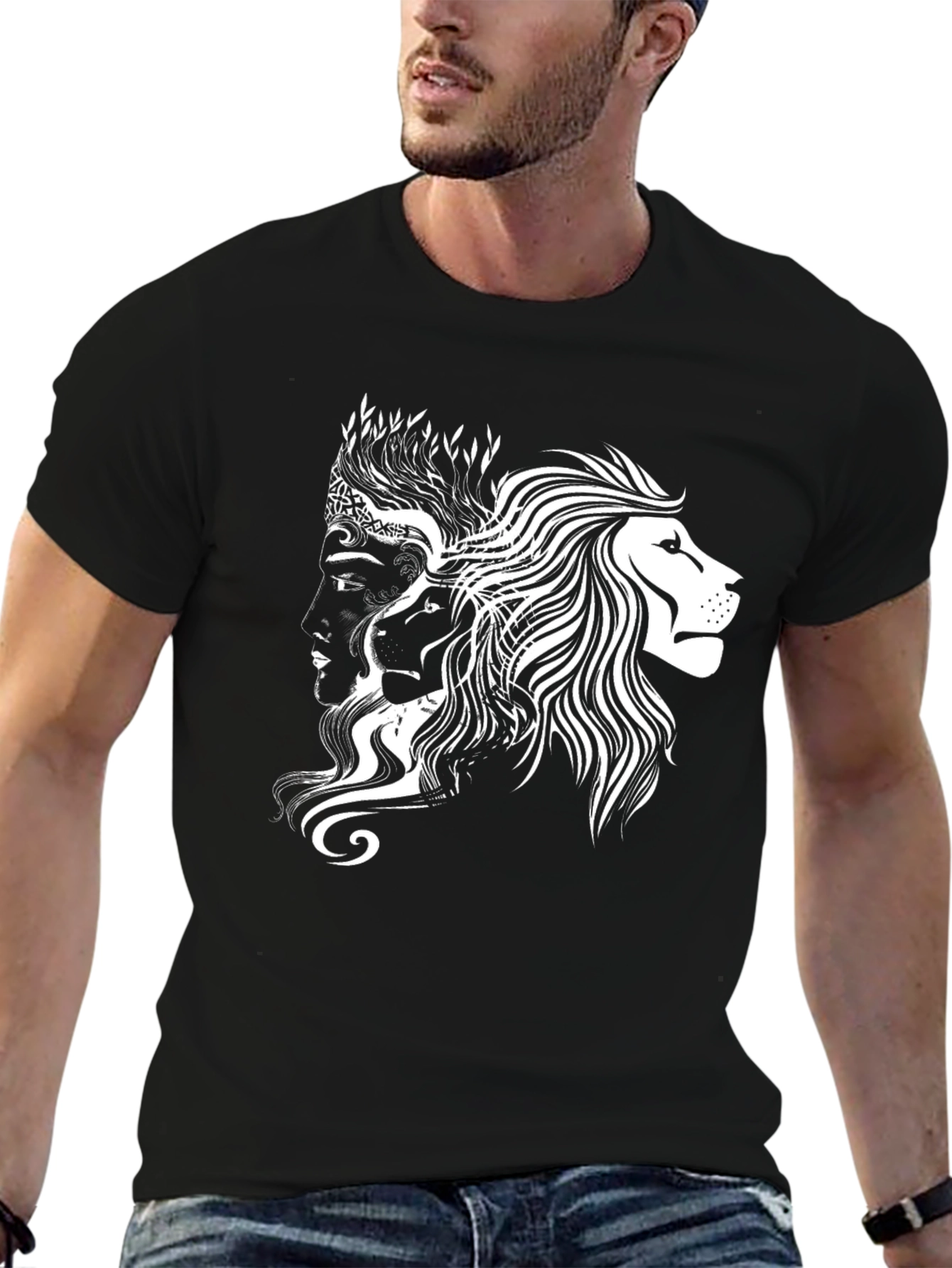 Black Graphic Tee - Lion & Faces Design