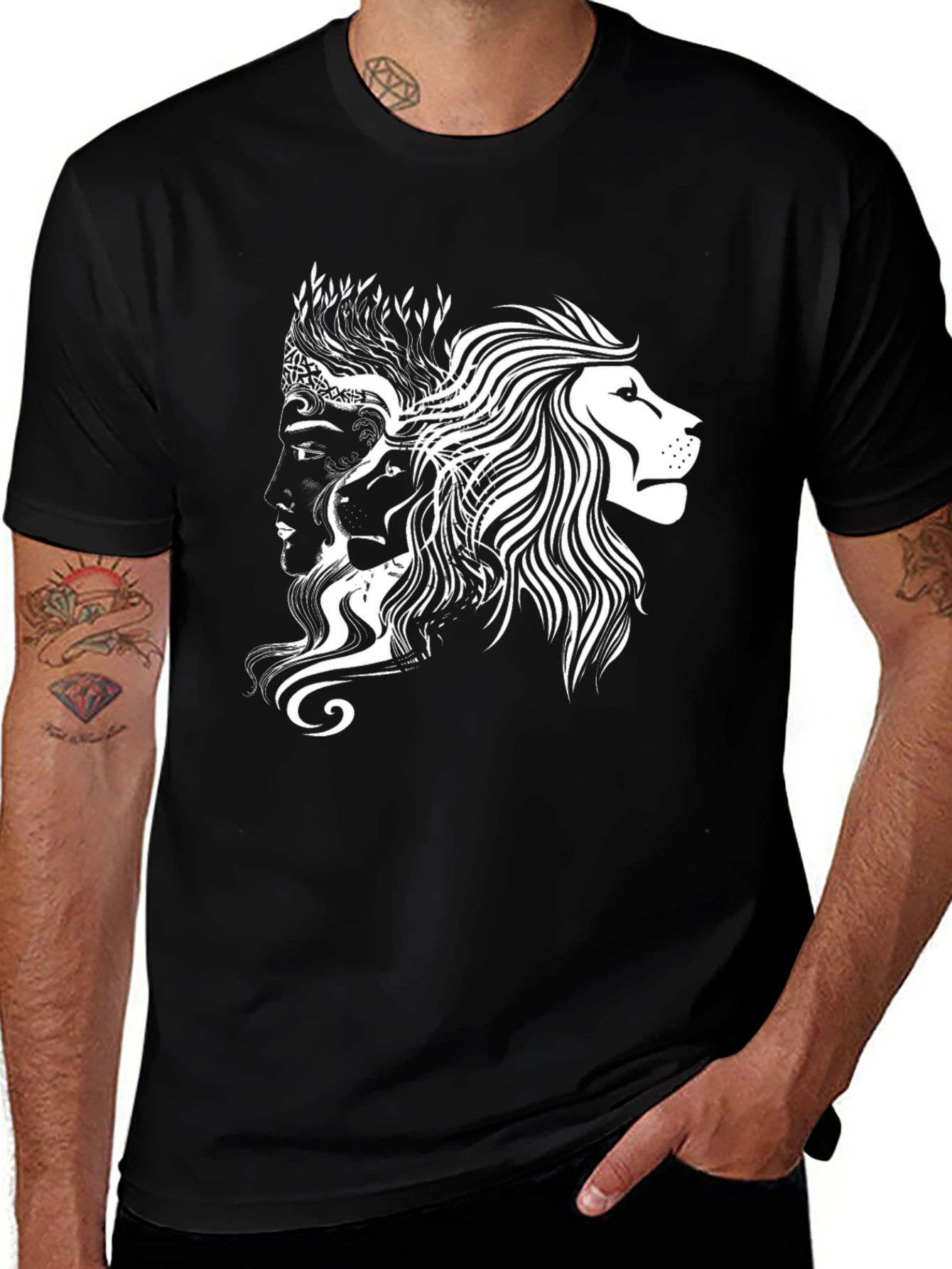 Black Graphic Tee - Lion & Faces Design
