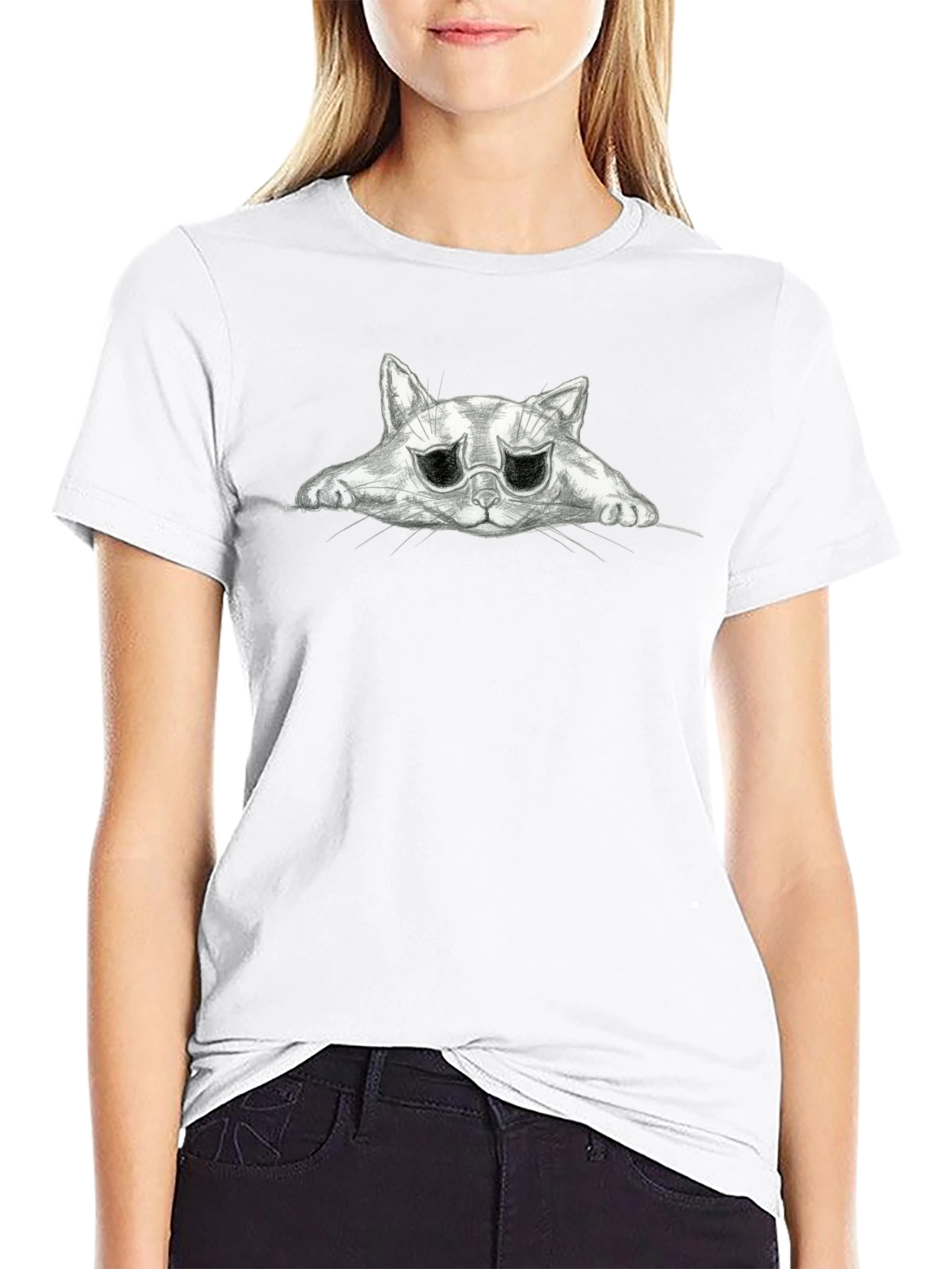 Sad Cat Graphic Black T-Shirt