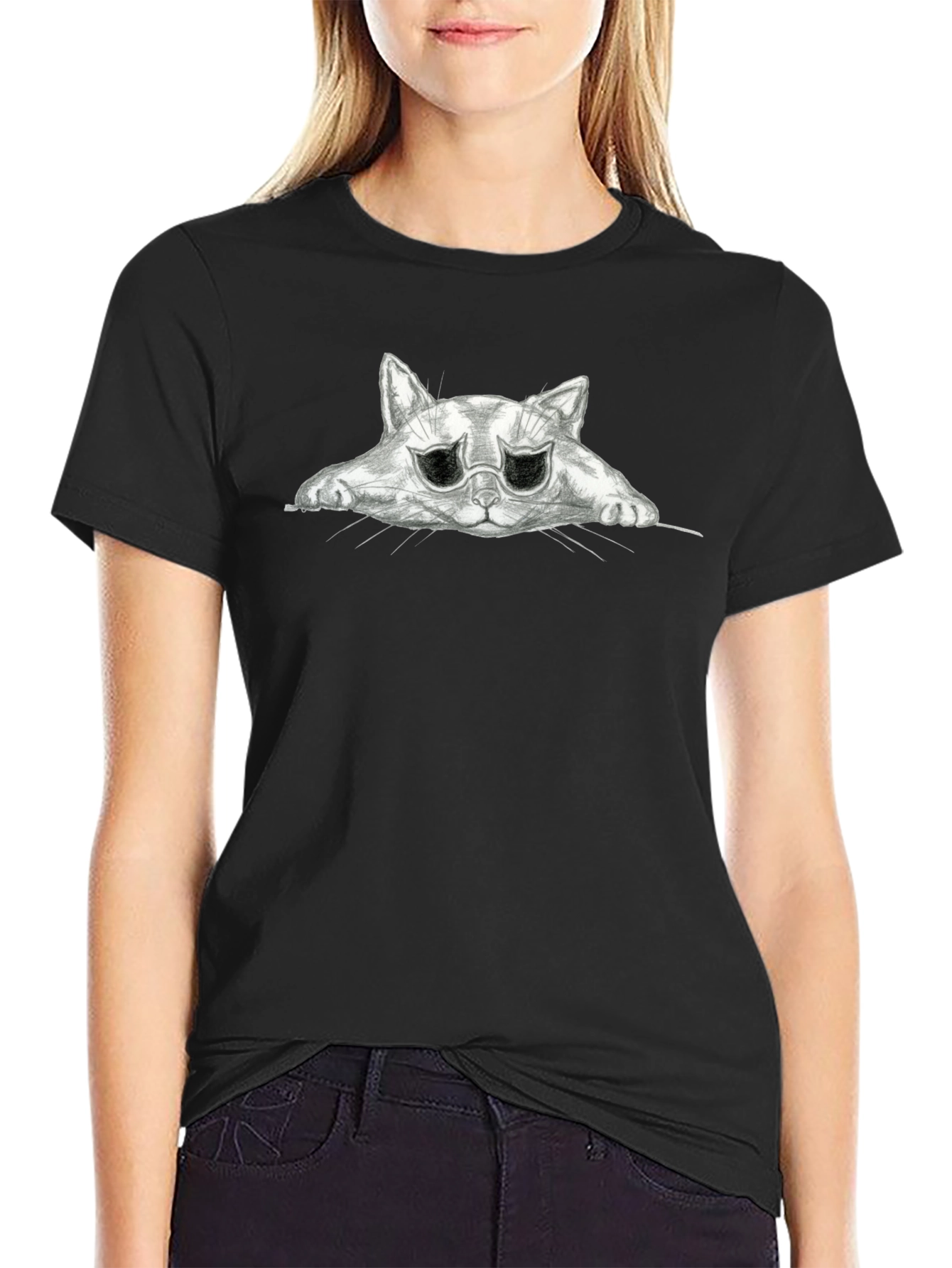 Sad Cat Graphic Black T-Shirt