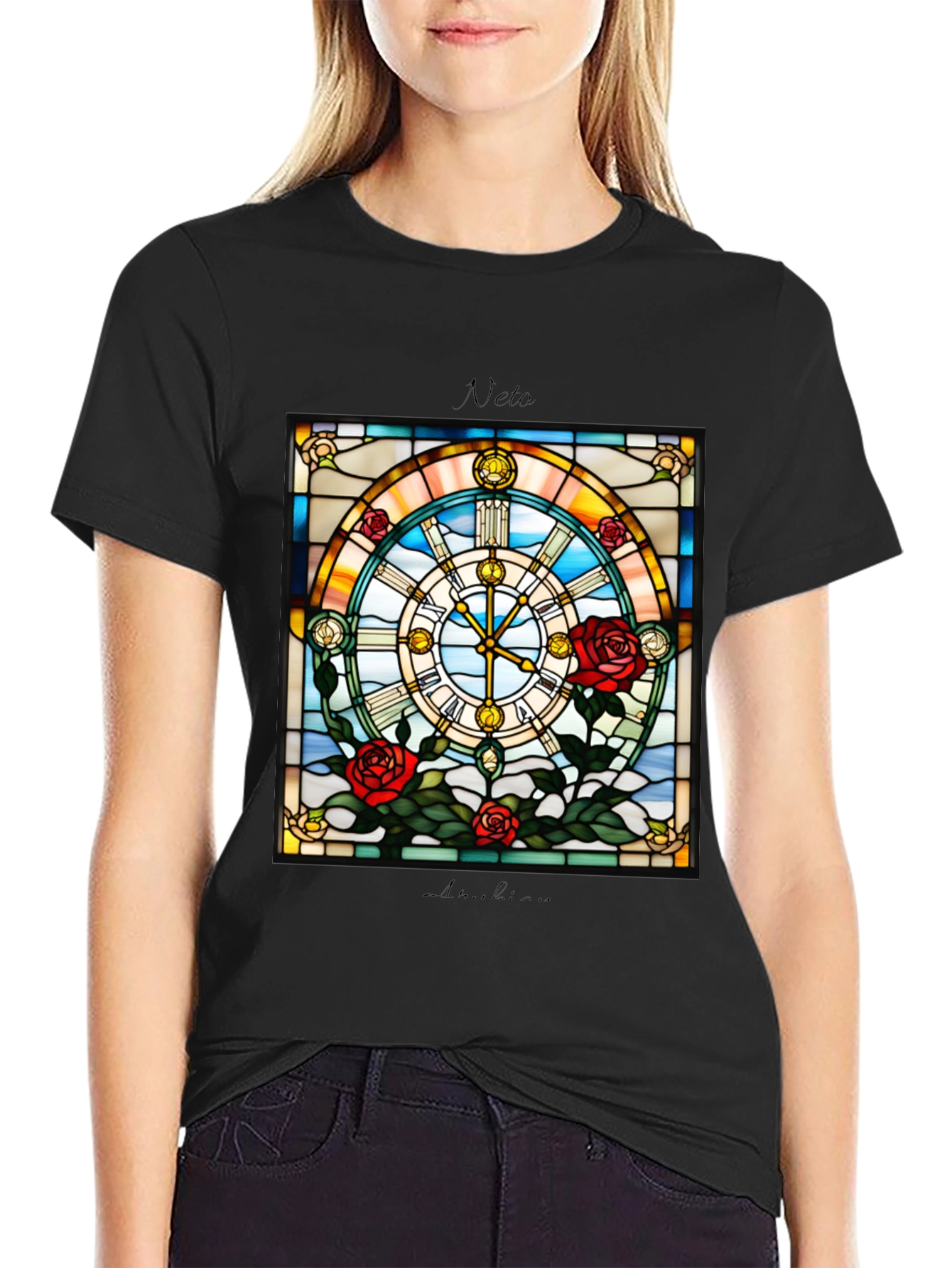 Stained Glass Clock Roses Graphic T-Shirt