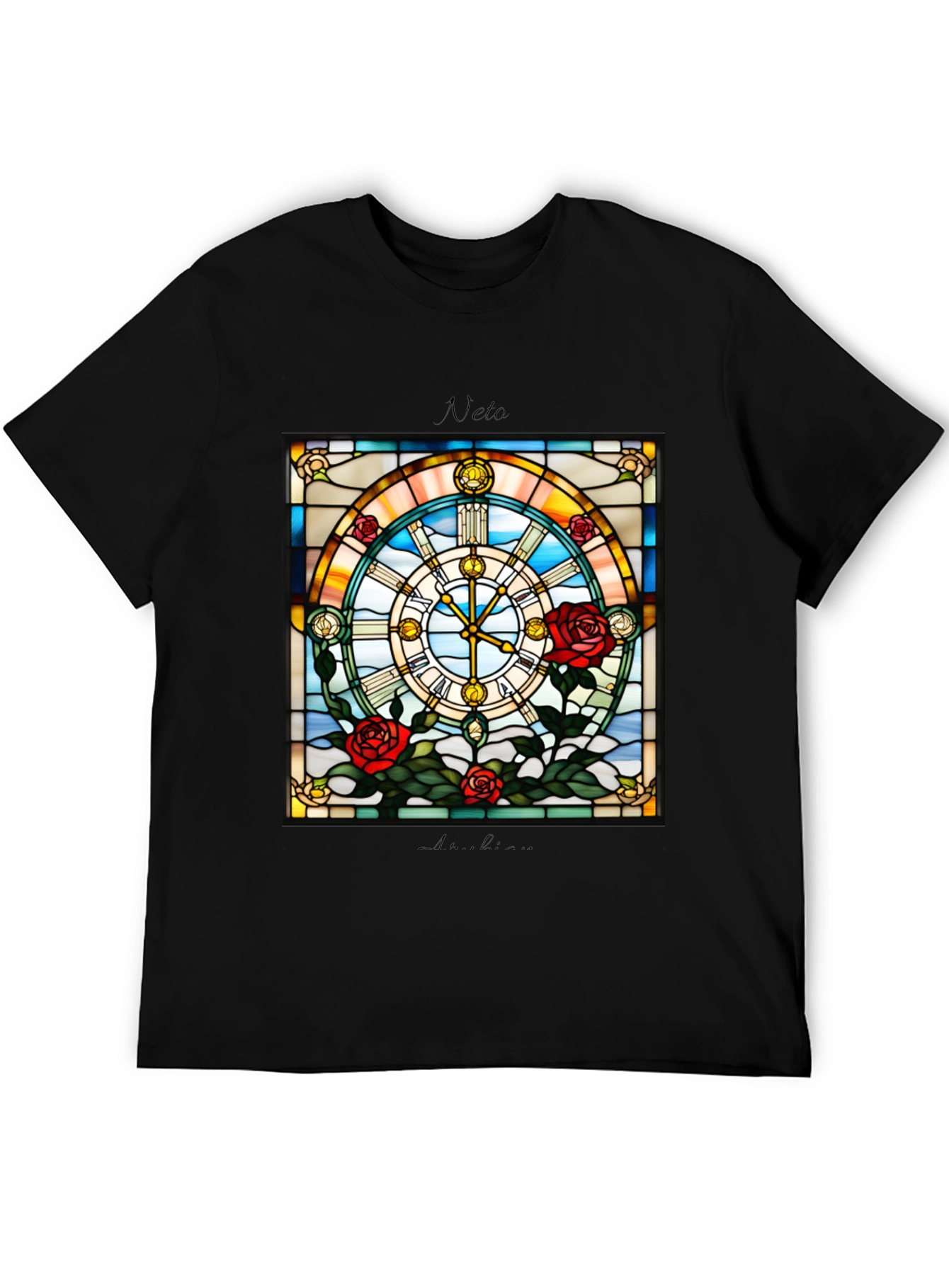 Stained Glass Clock Roses Graphic T-Shirt