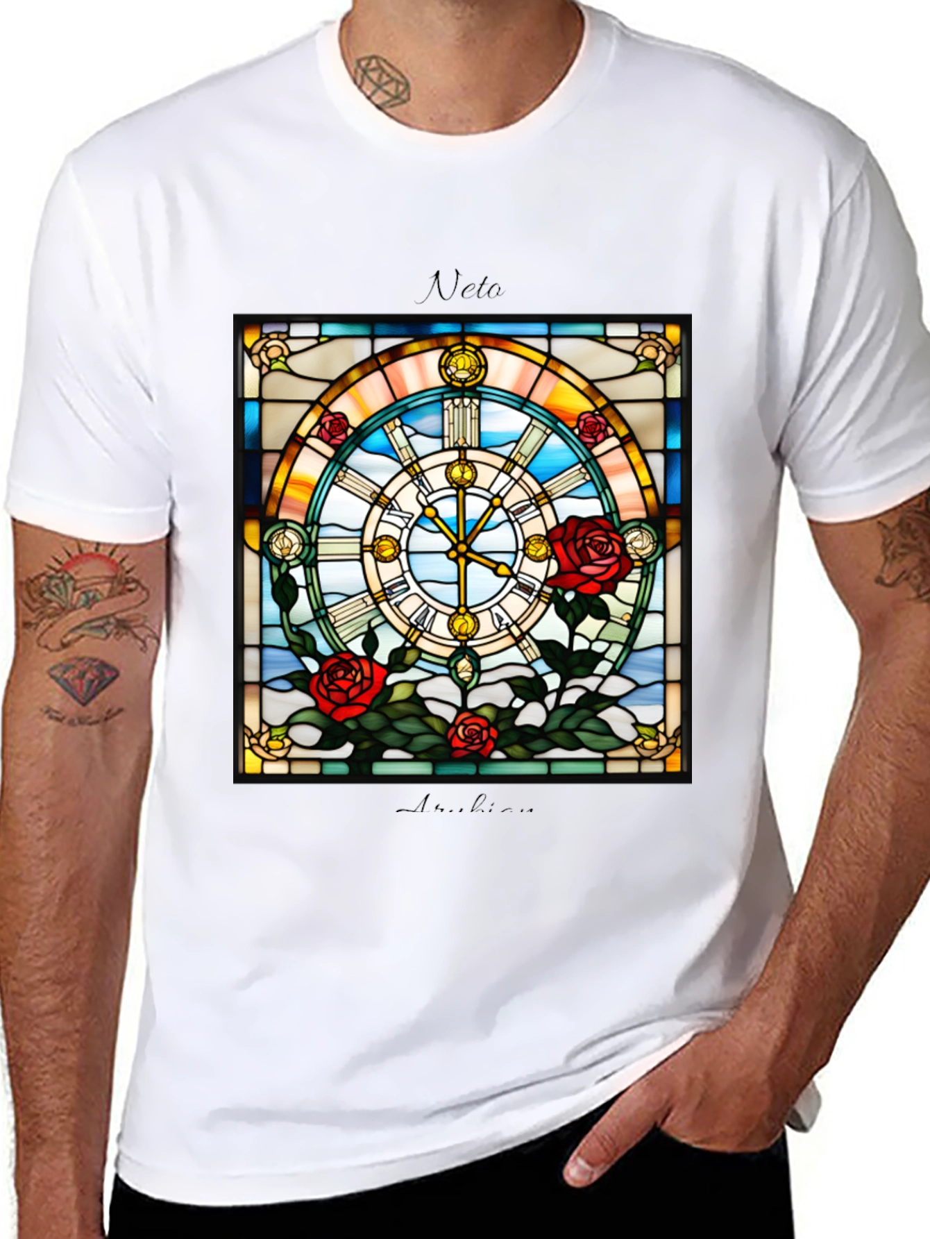 Stained Glass Clock Roses Graphic T-Shirt