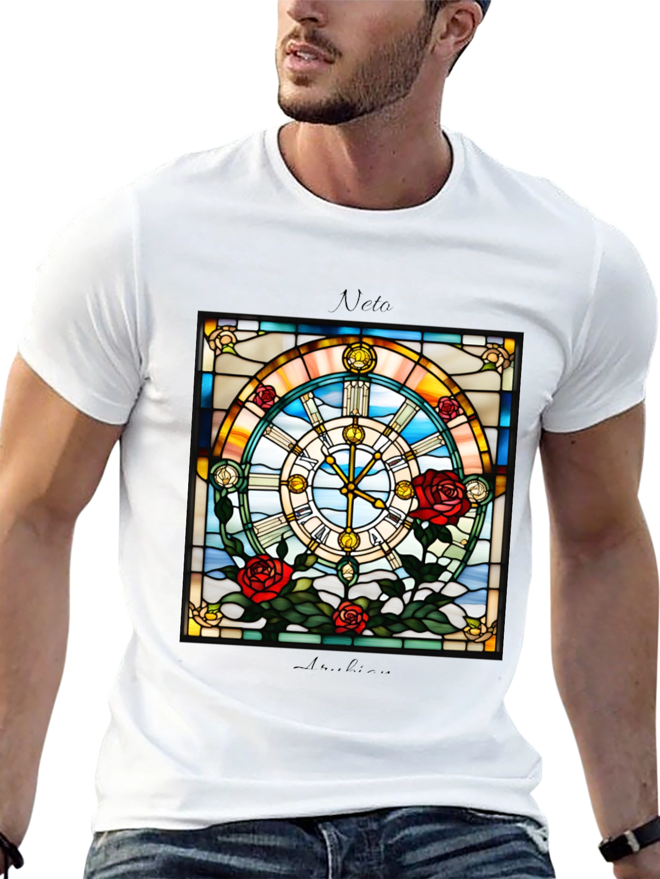 Stained Glass Clock Roses Graphic T-Shirt