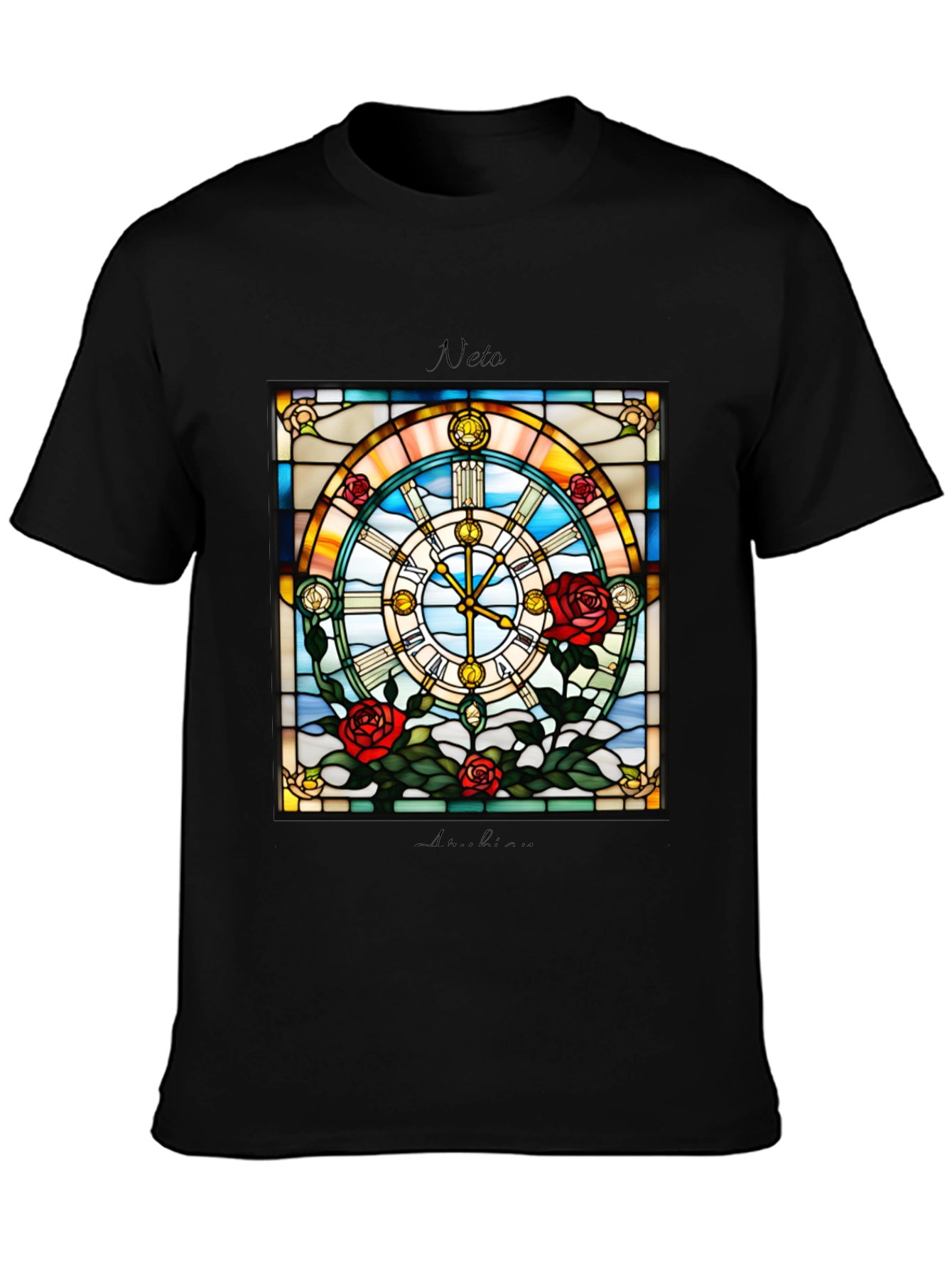 Stained Glass Clock Roses Graphic T-Shirt