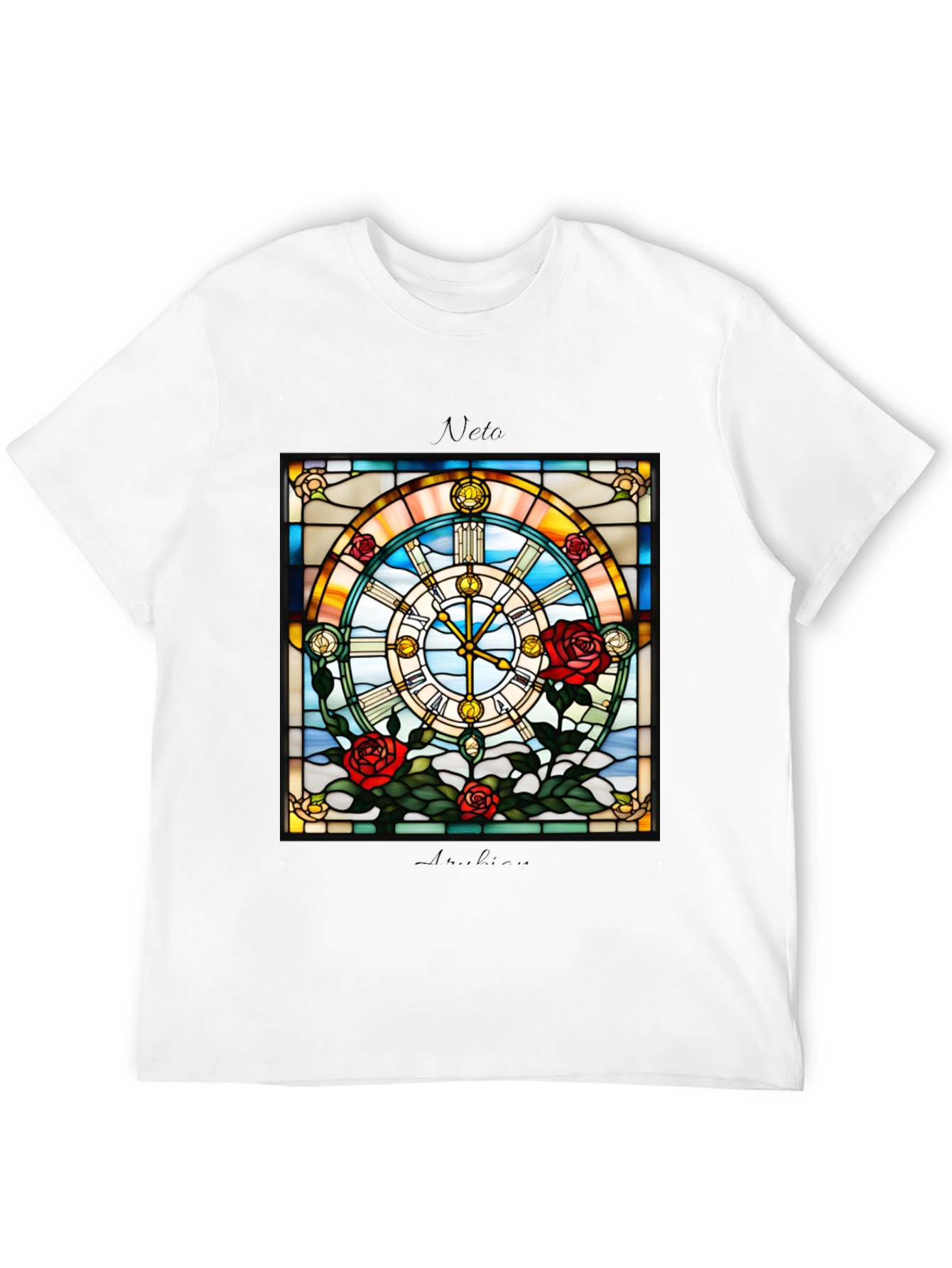 Stained Glass Clock Roses Graphic T-Shirt