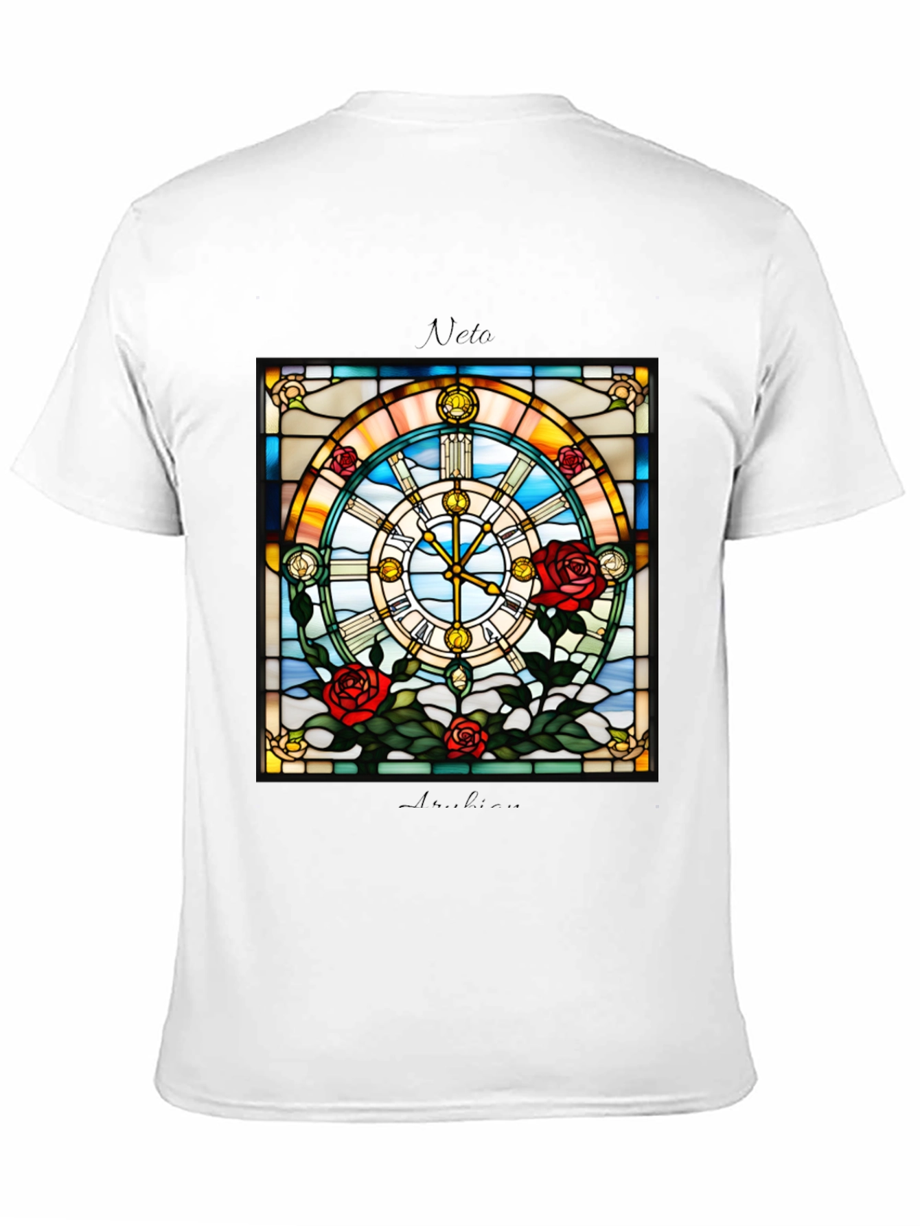 Stained Glass Clock Roses Graphic T-Shirt