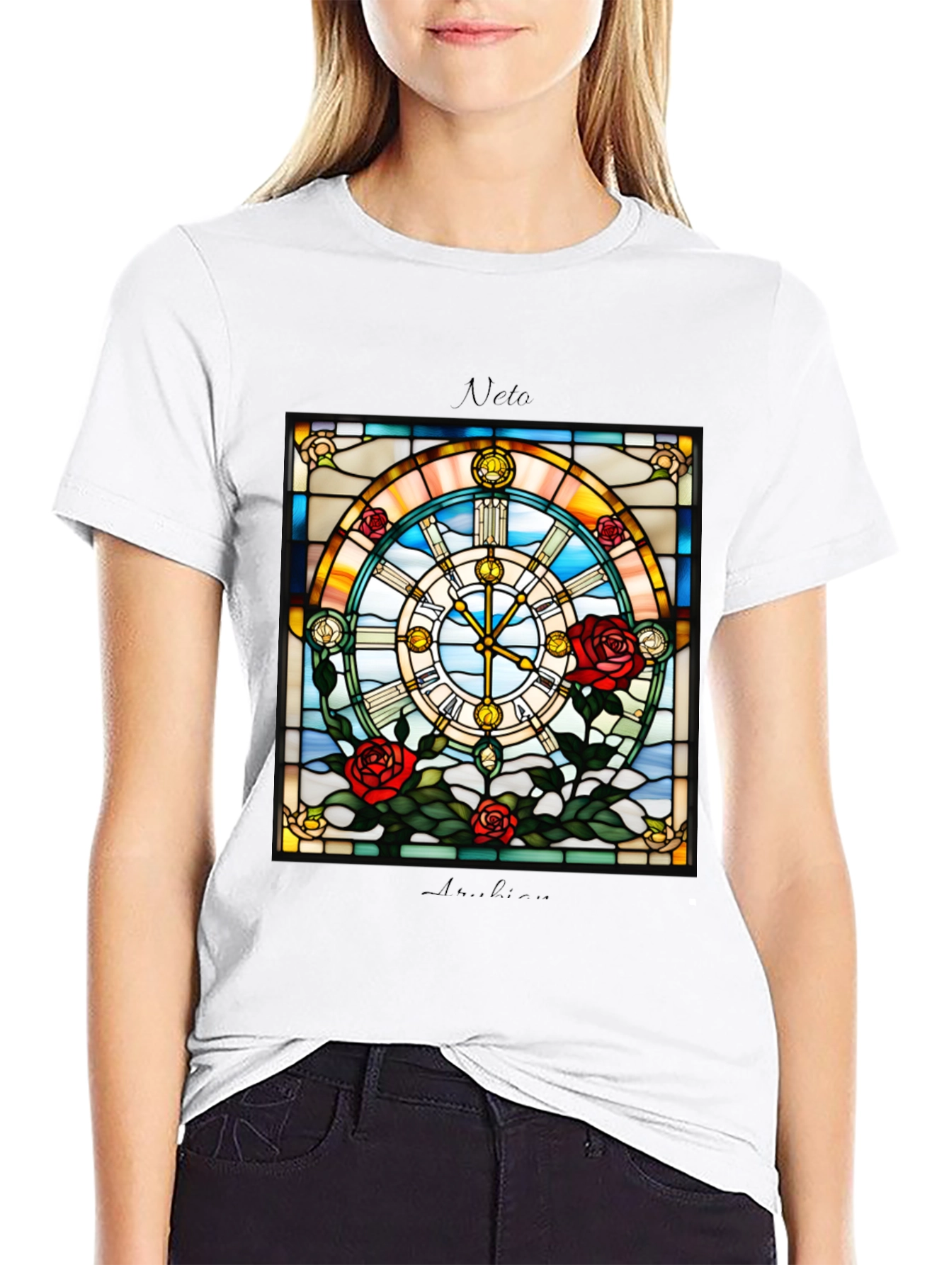 Stained Glass Clock Roses Graphic T-Shirt