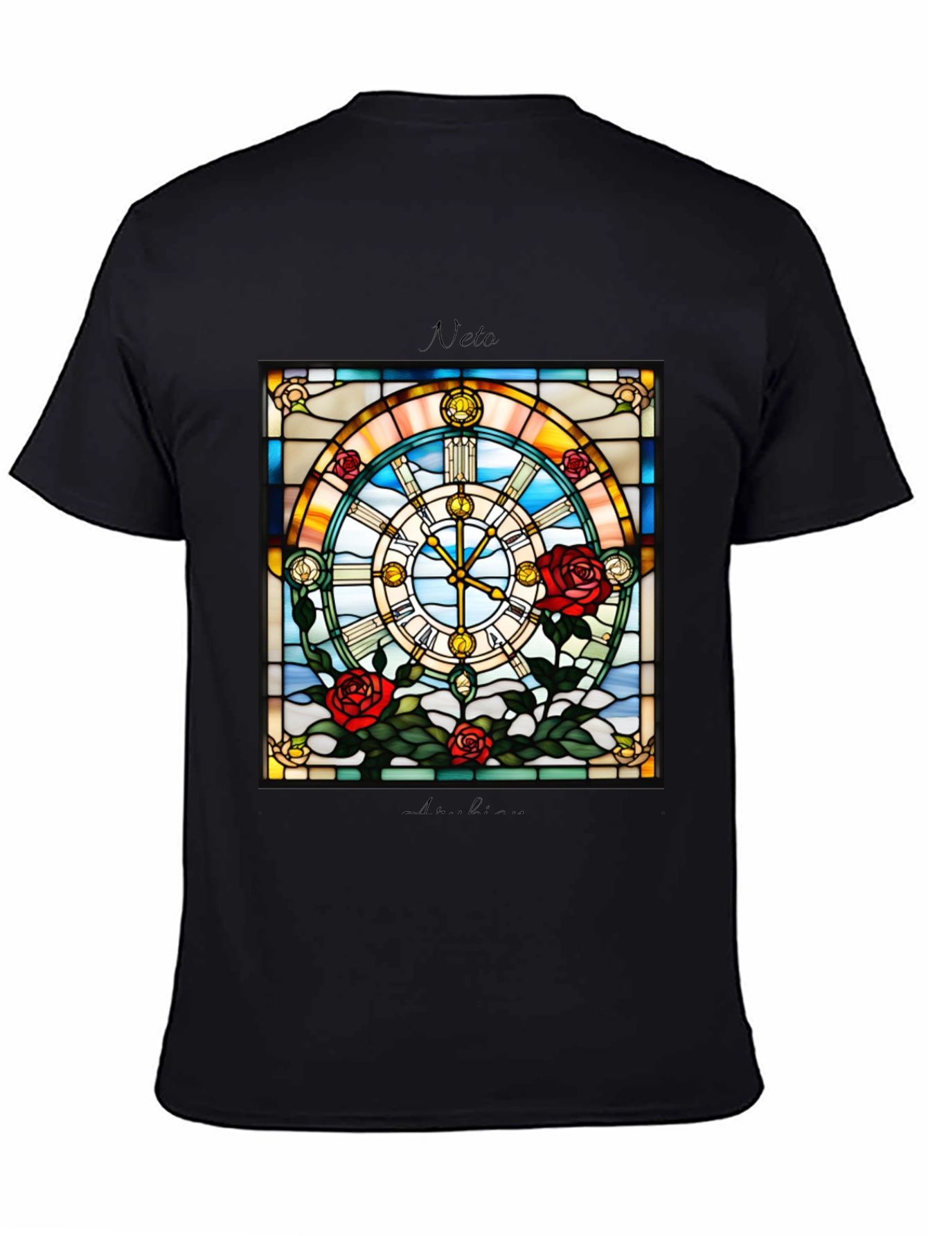 Stained Glass Clock Roses Graphic T-Shirt