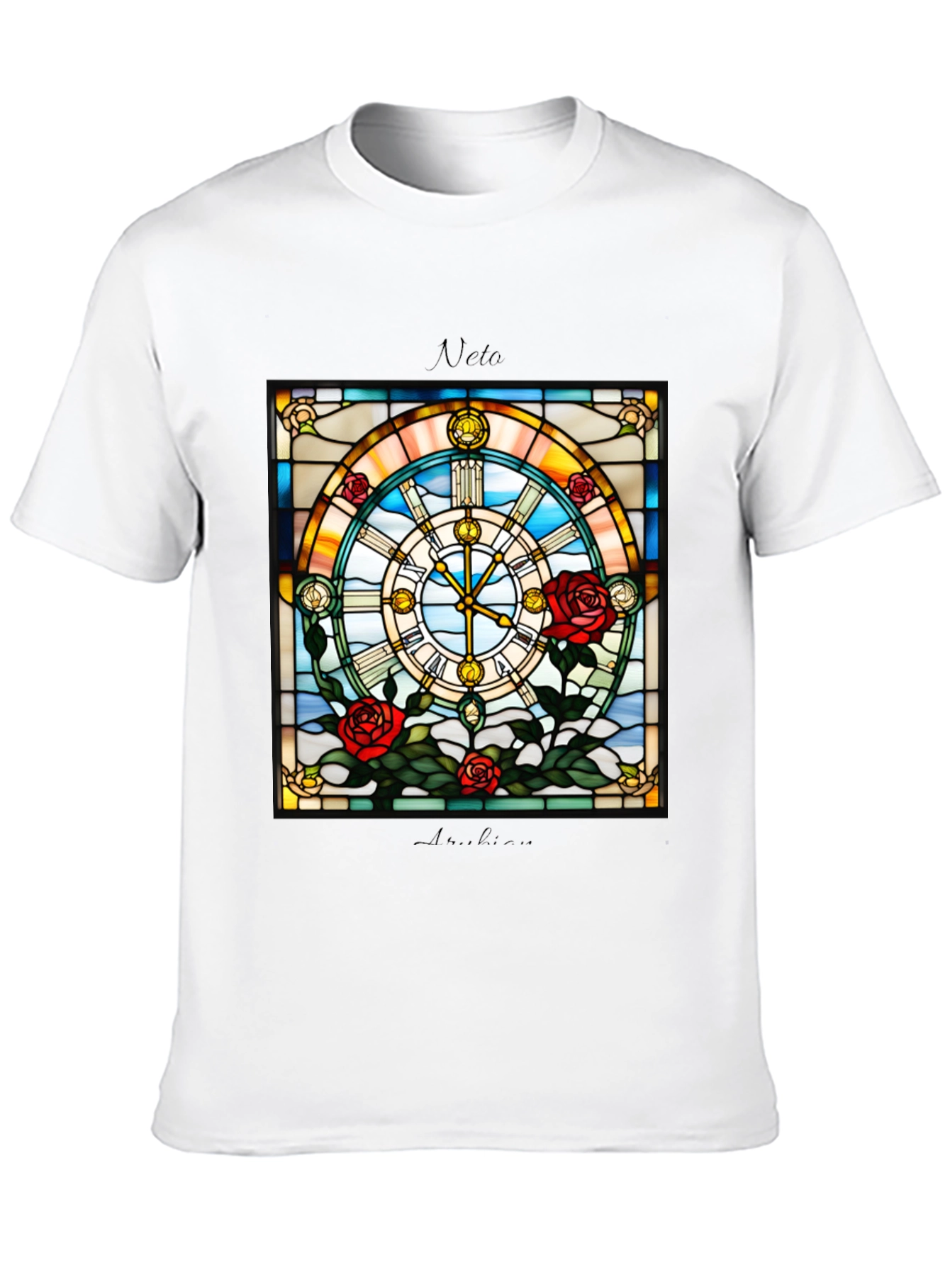Stained Glass Clock Roses Graphic T-Shirt