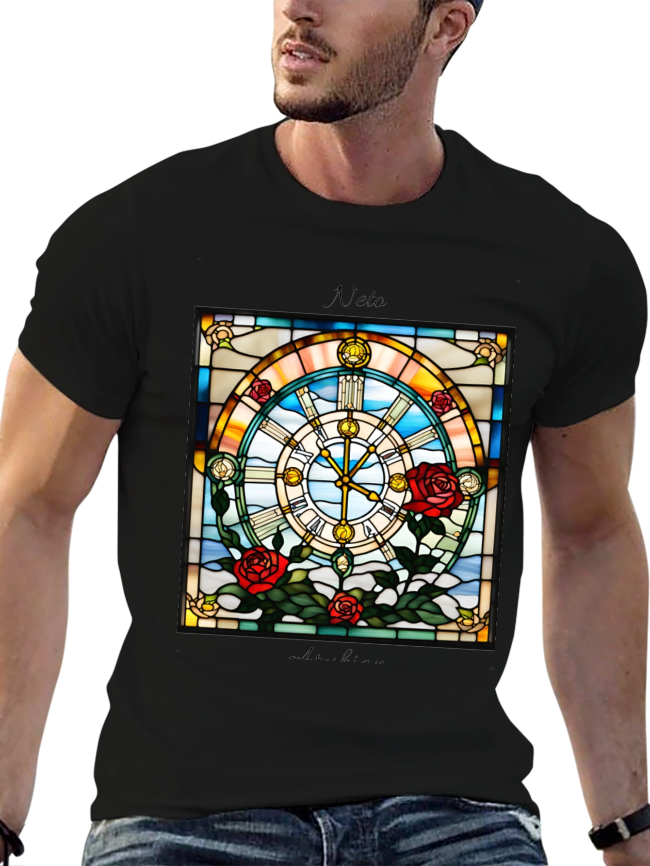 Stained Glass Clock Roses Graphic T-Shirt