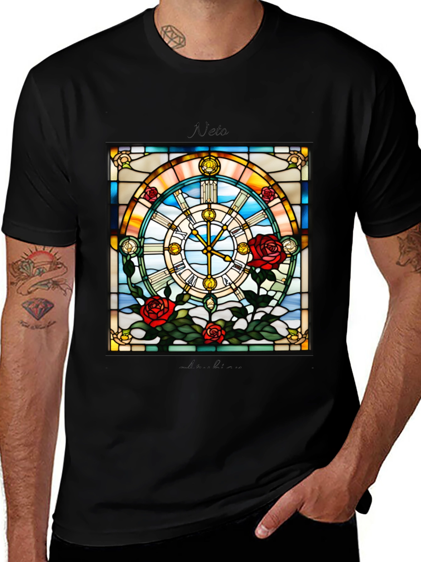 Stained Glass Clock Roses Graphic T-Shirt