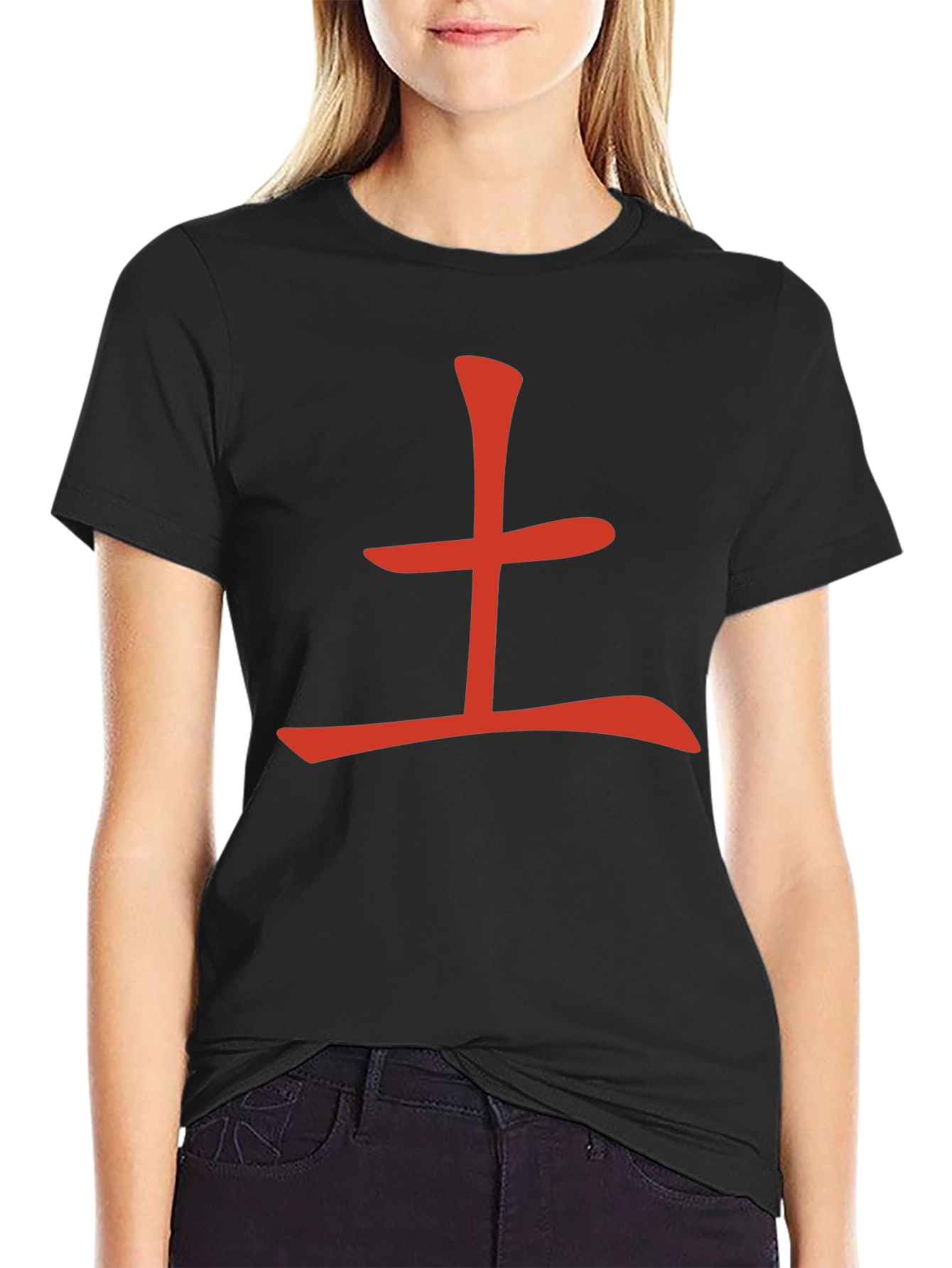 Red Kanji Character T-Shirt - Black