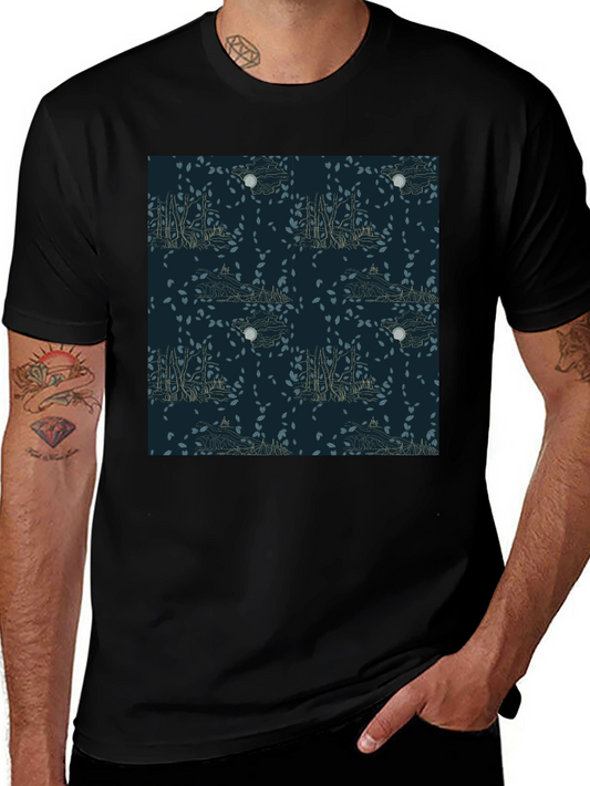 Mens Black T-Shirt with Nature Pattern