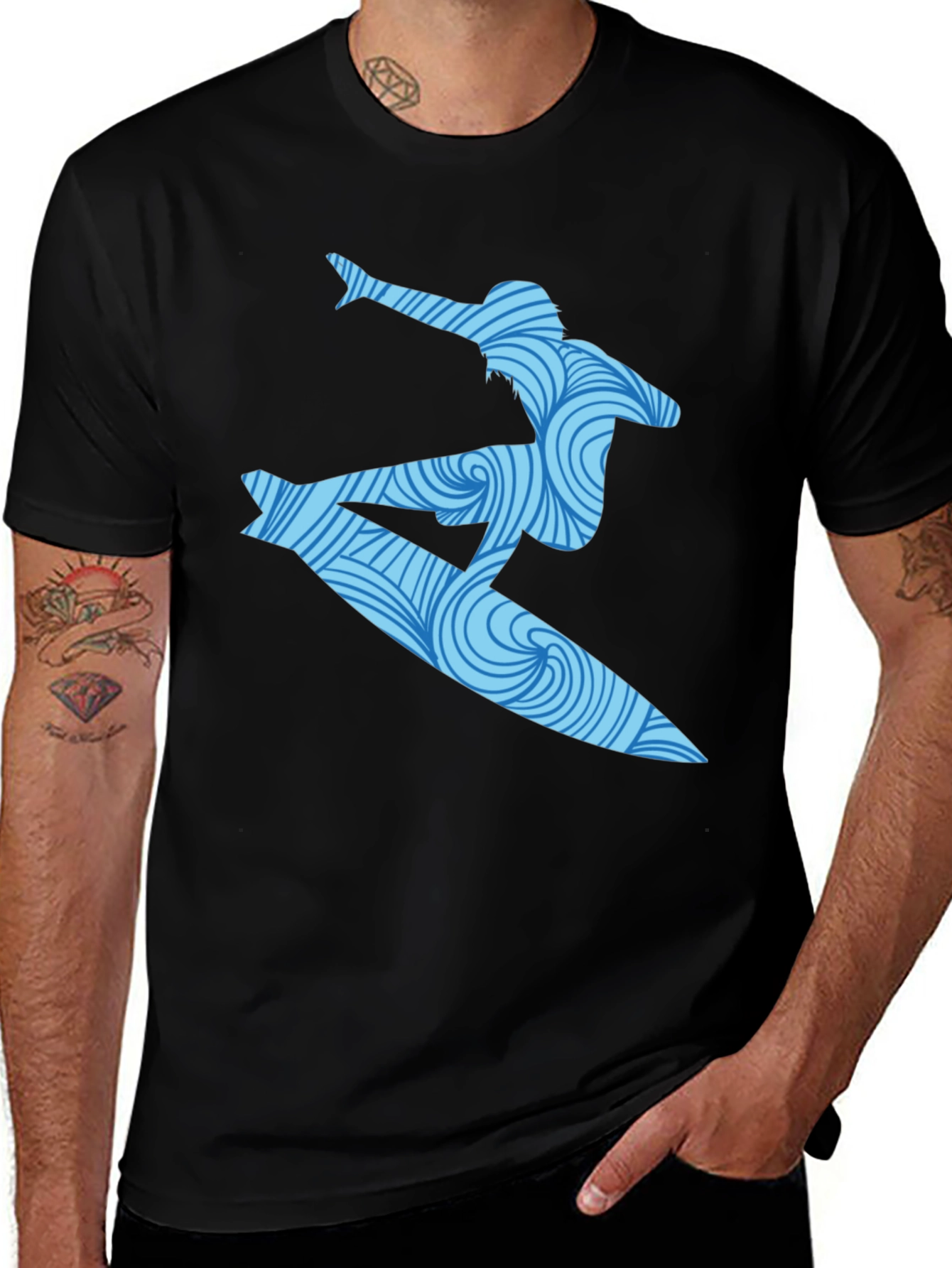 Surfer Wave Graphic T-Shirt - Black Cotton Blend