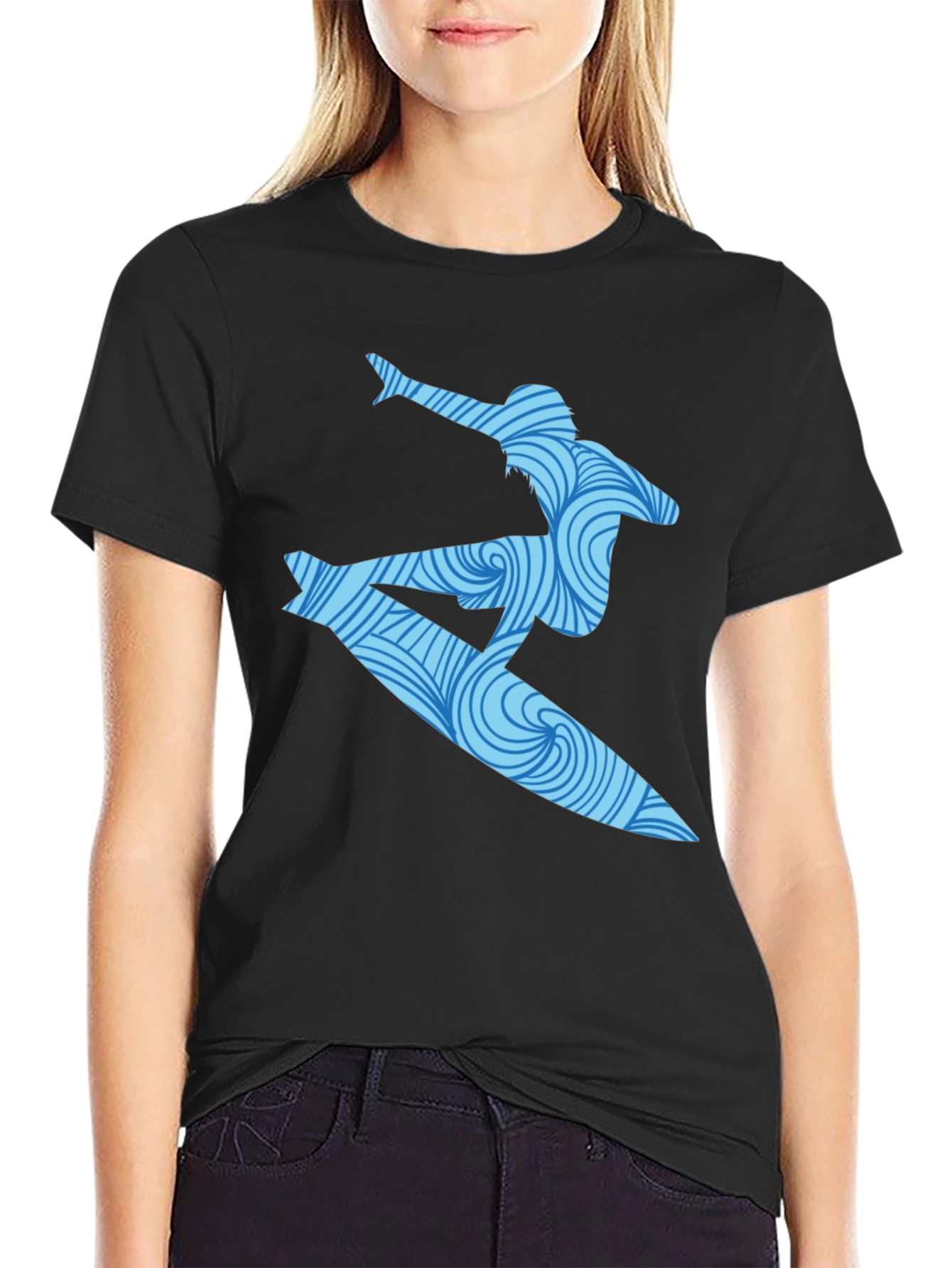 Surfer Wave Graphic T-Shirt - Black Cotton Blend