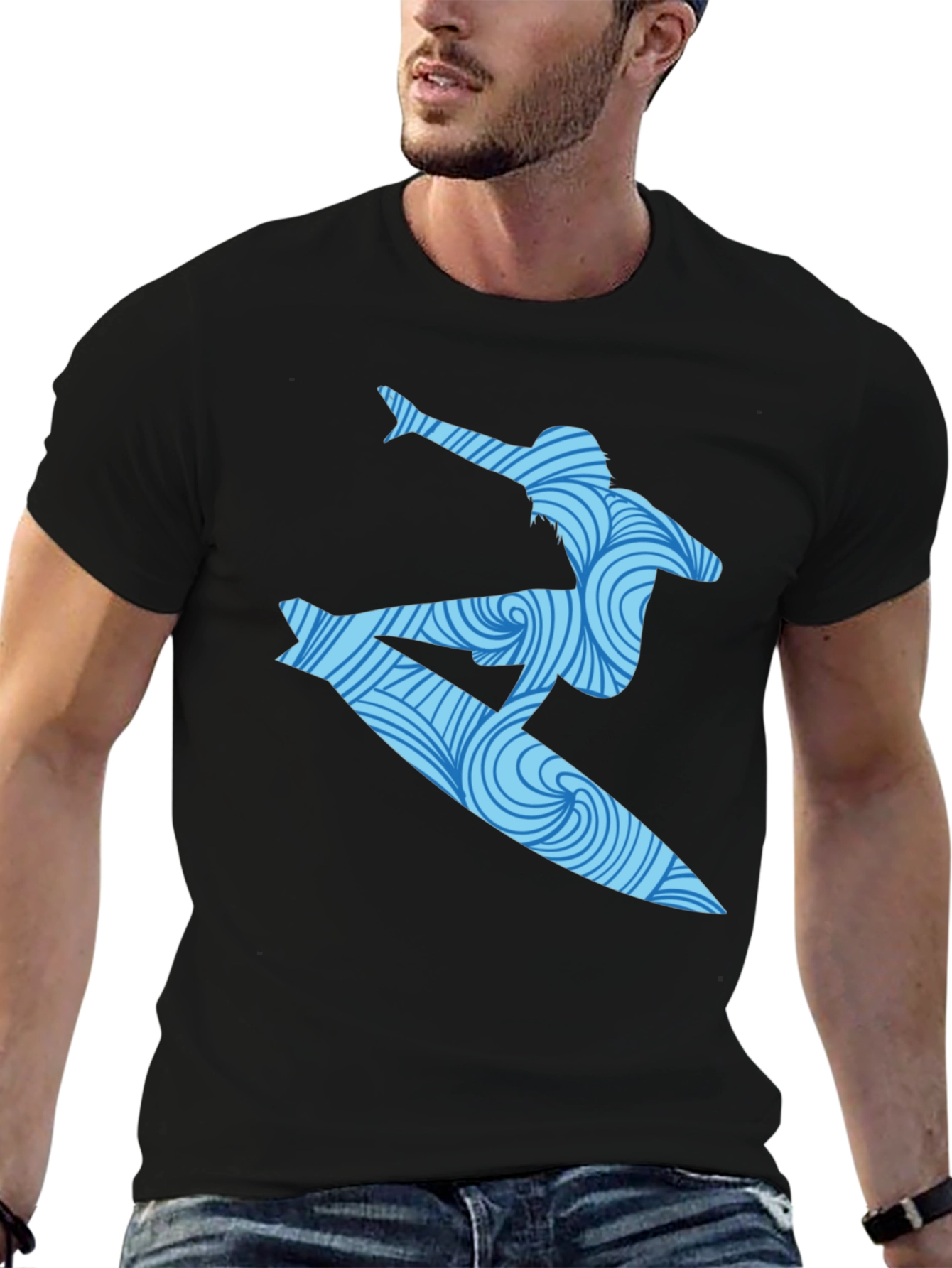 Surfer Wave Graphic T-Shirt - Black Cotton Blend