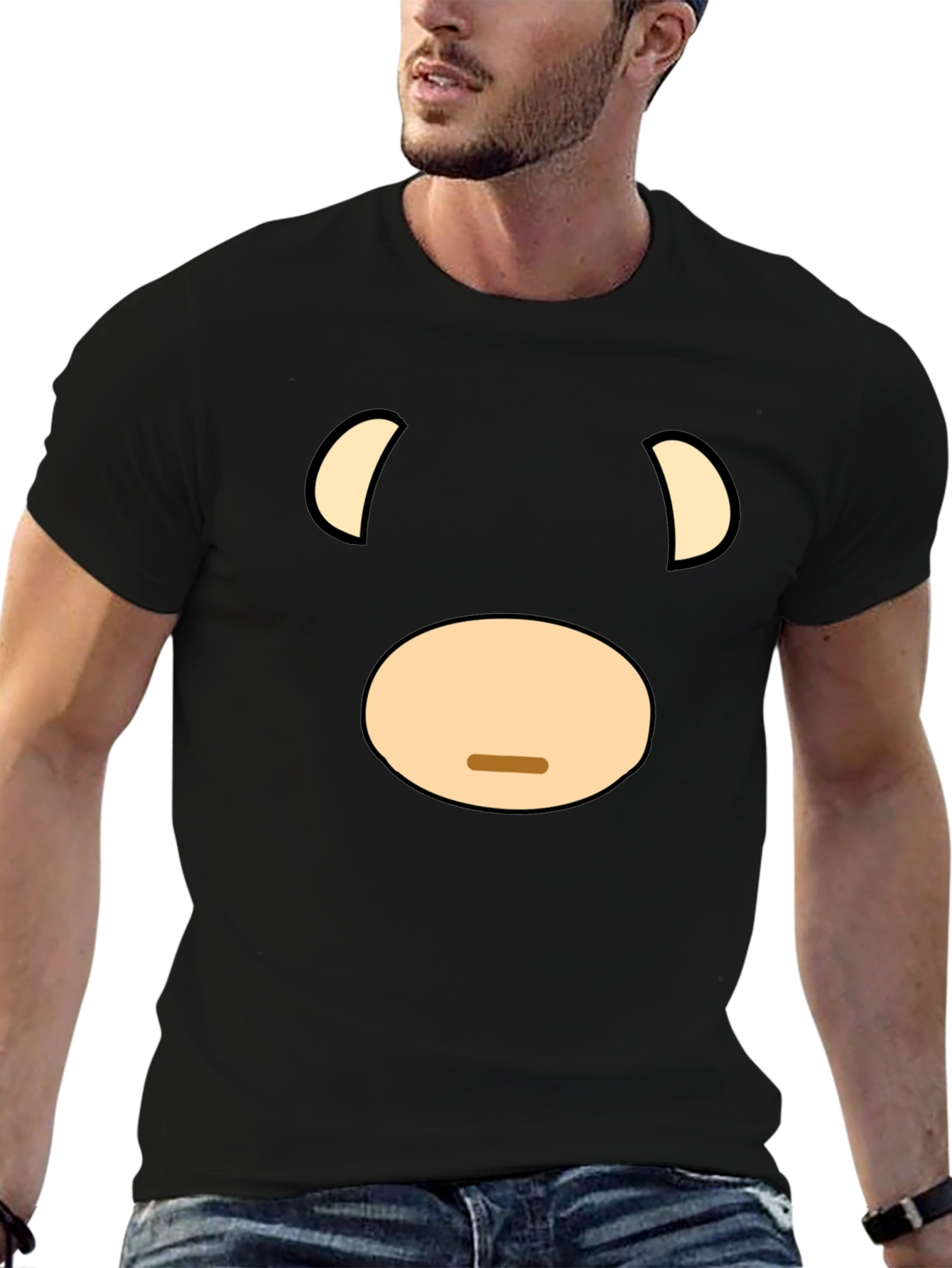 Funny Cartoon Bear Face Graphic Black T-Shirt