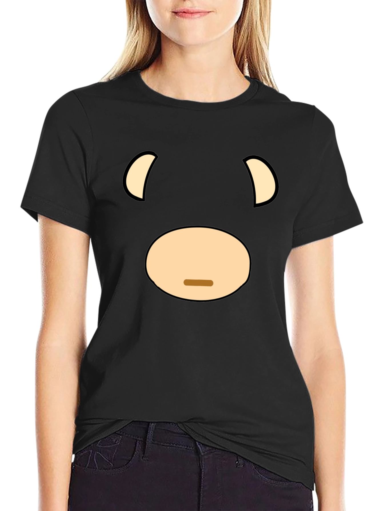 Funny Cartoon Bear Face Graphic Black T-Shirt