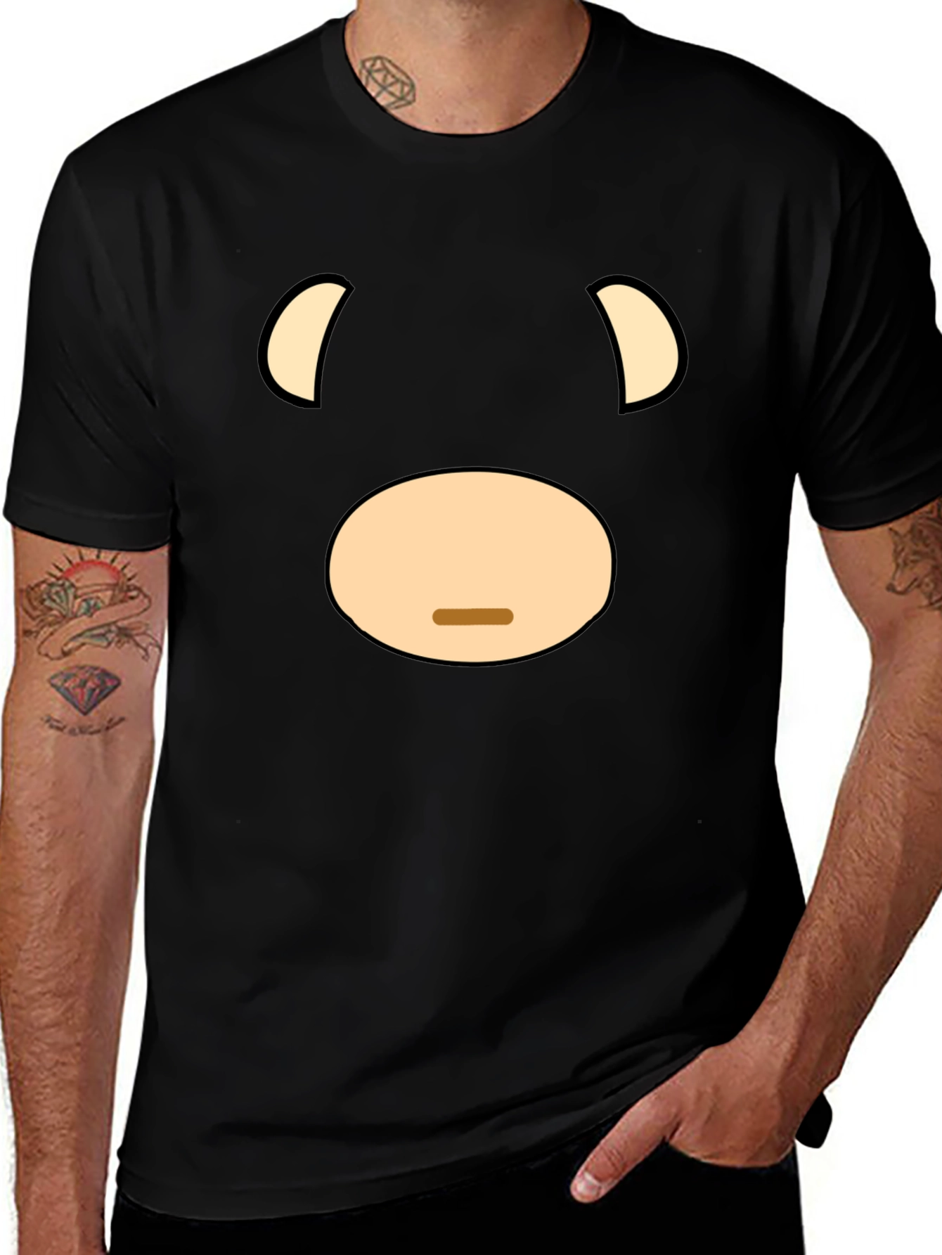 Funny Cartoon Bear Face Graphic Black T-Shirt