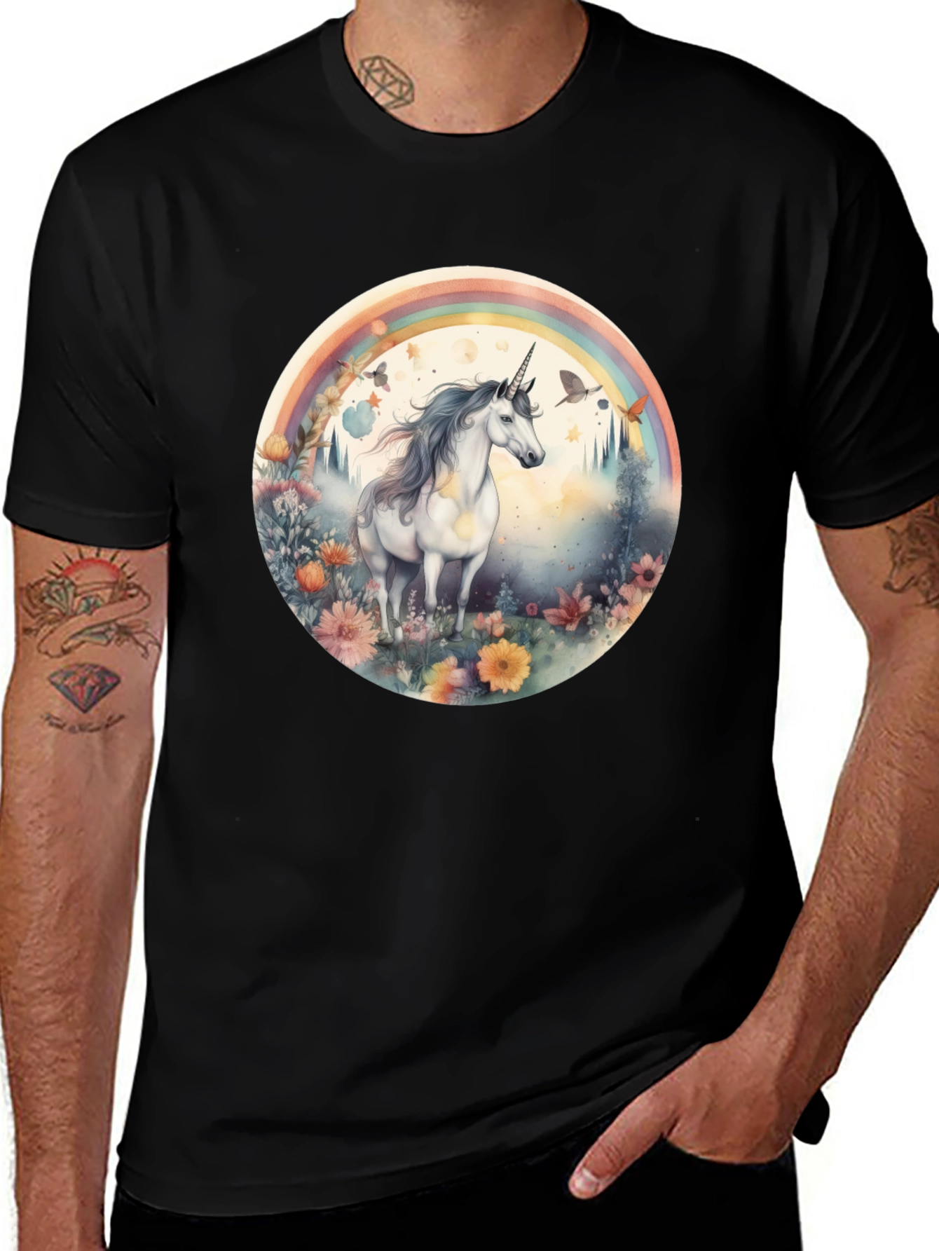 Unicorn Rainbow Graphic T-Shirt - Black