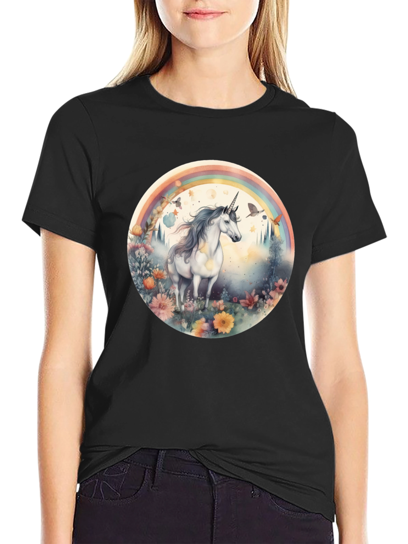 Unicorn Rainbow Graphic T-Shirt - Black