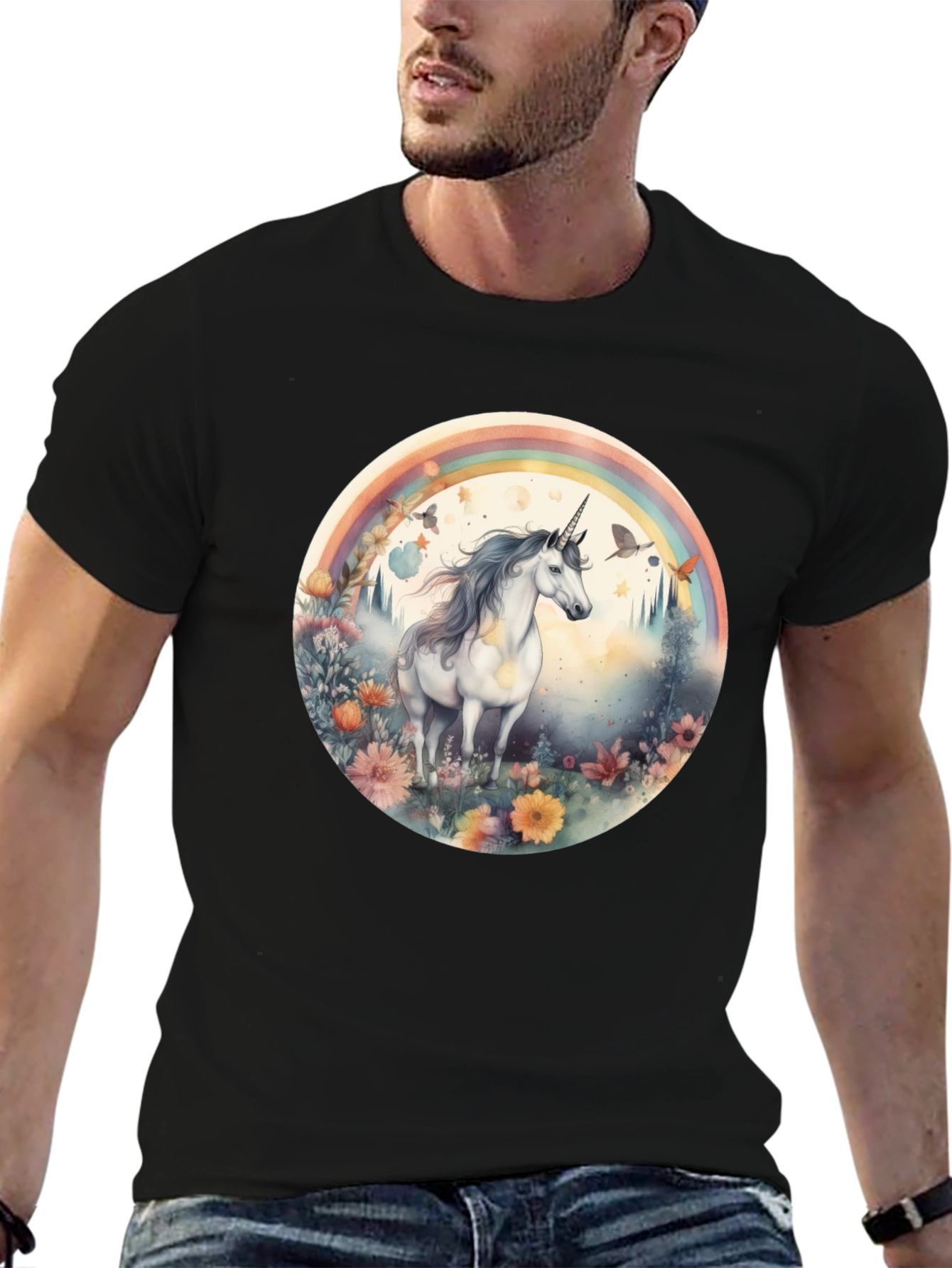 Unicorn Rainbow Graphic T-Shirt - Black