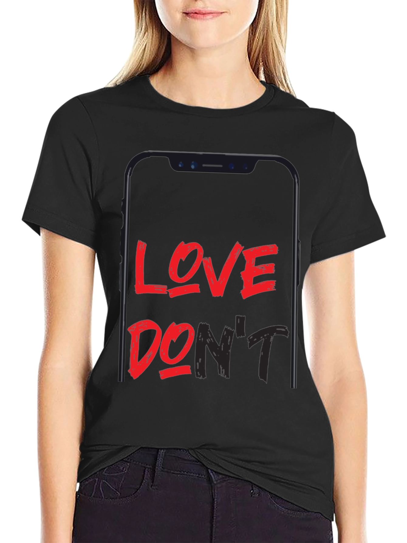 Love Dont Phone Graphic Black T-Shirt