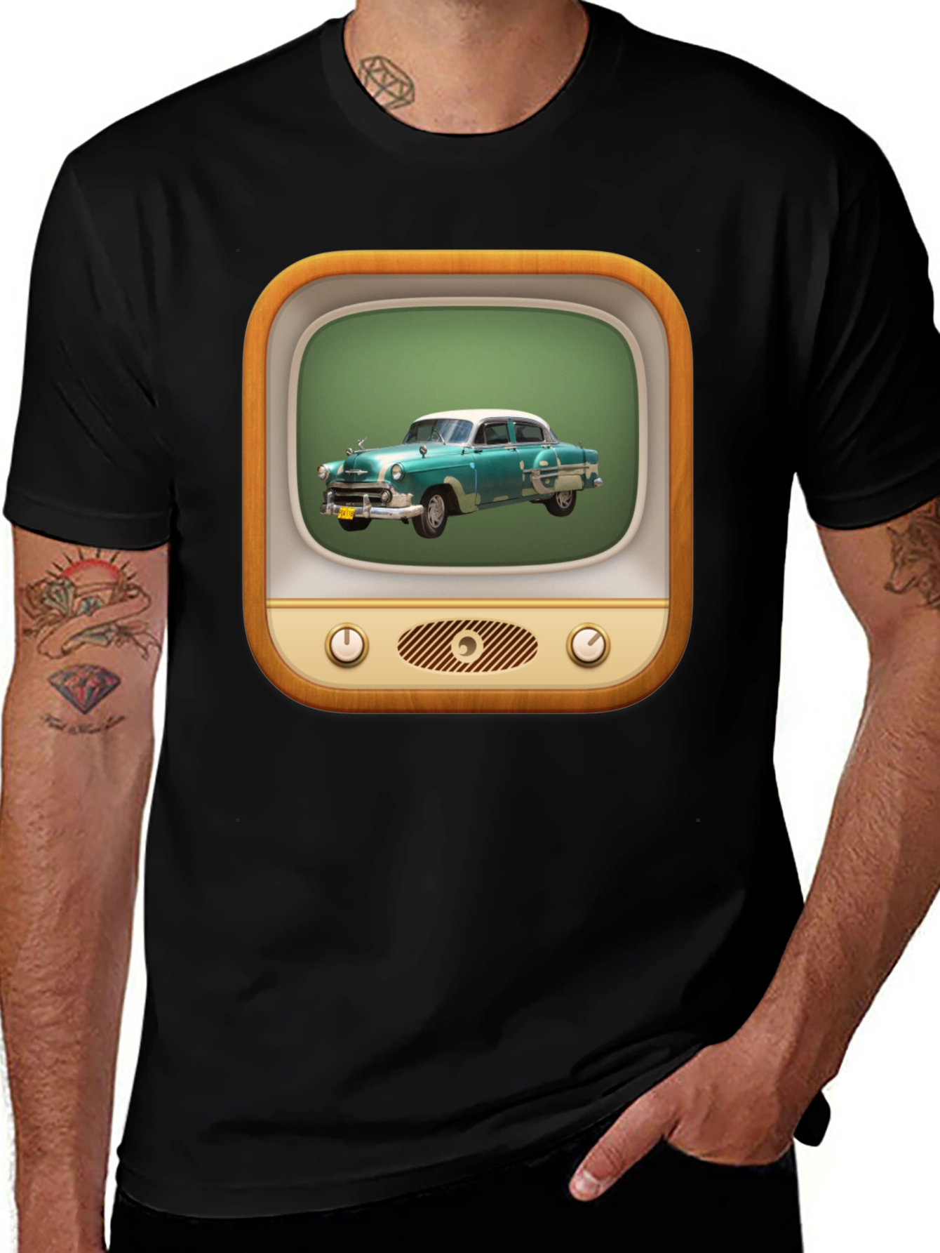 Retro Car TV Graphic Black T-Shirt