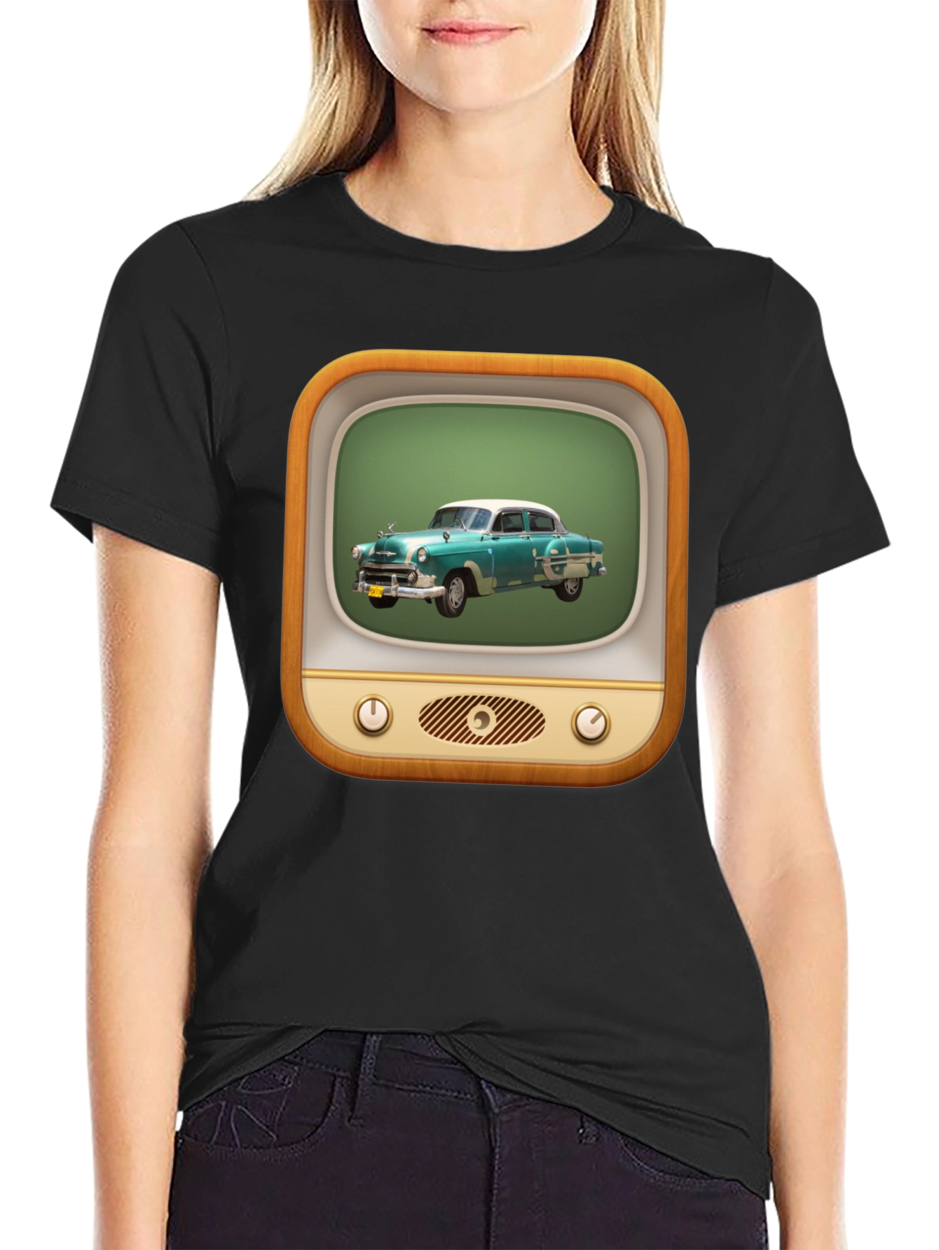Retro Car TV Graphic Black T-Shirt