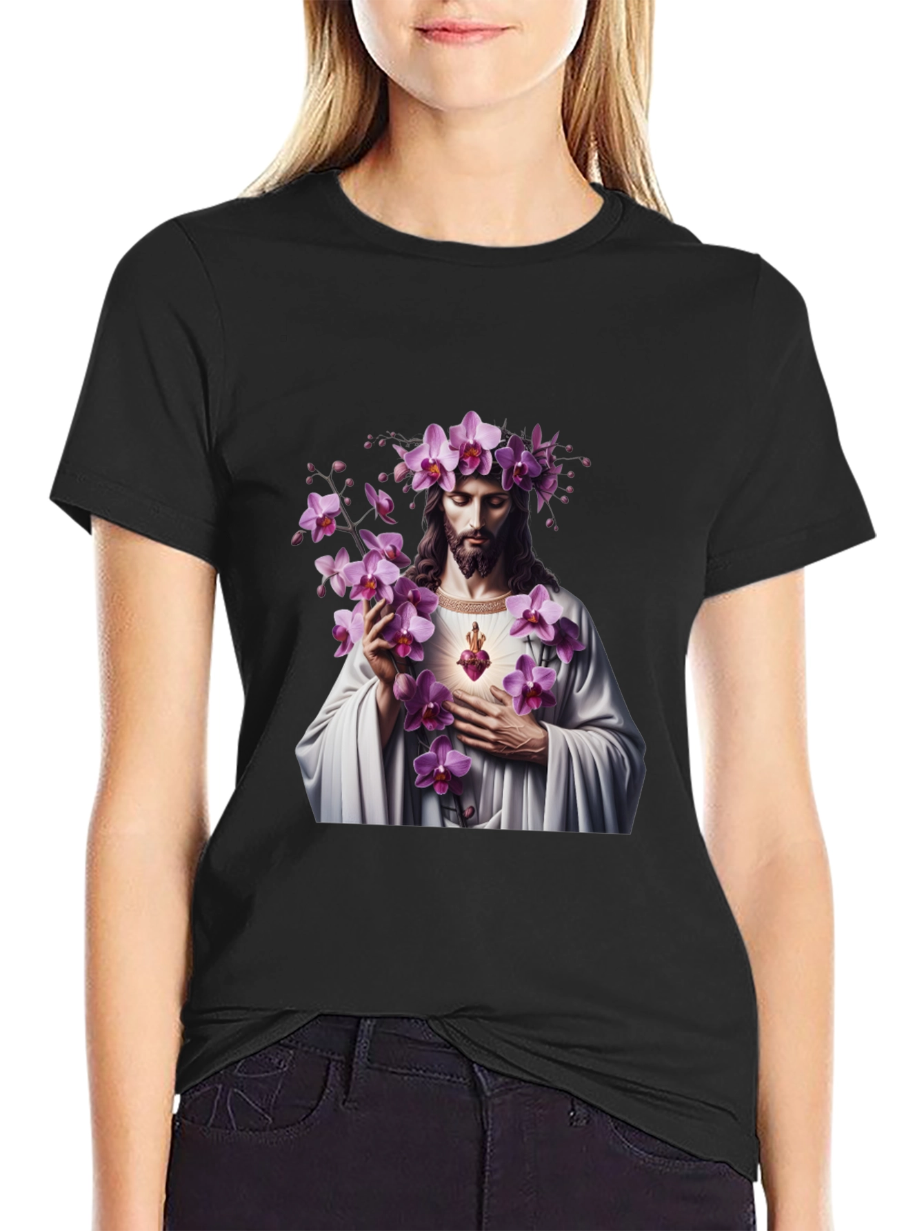 Floral Jesus Graphic Black T-Shirt