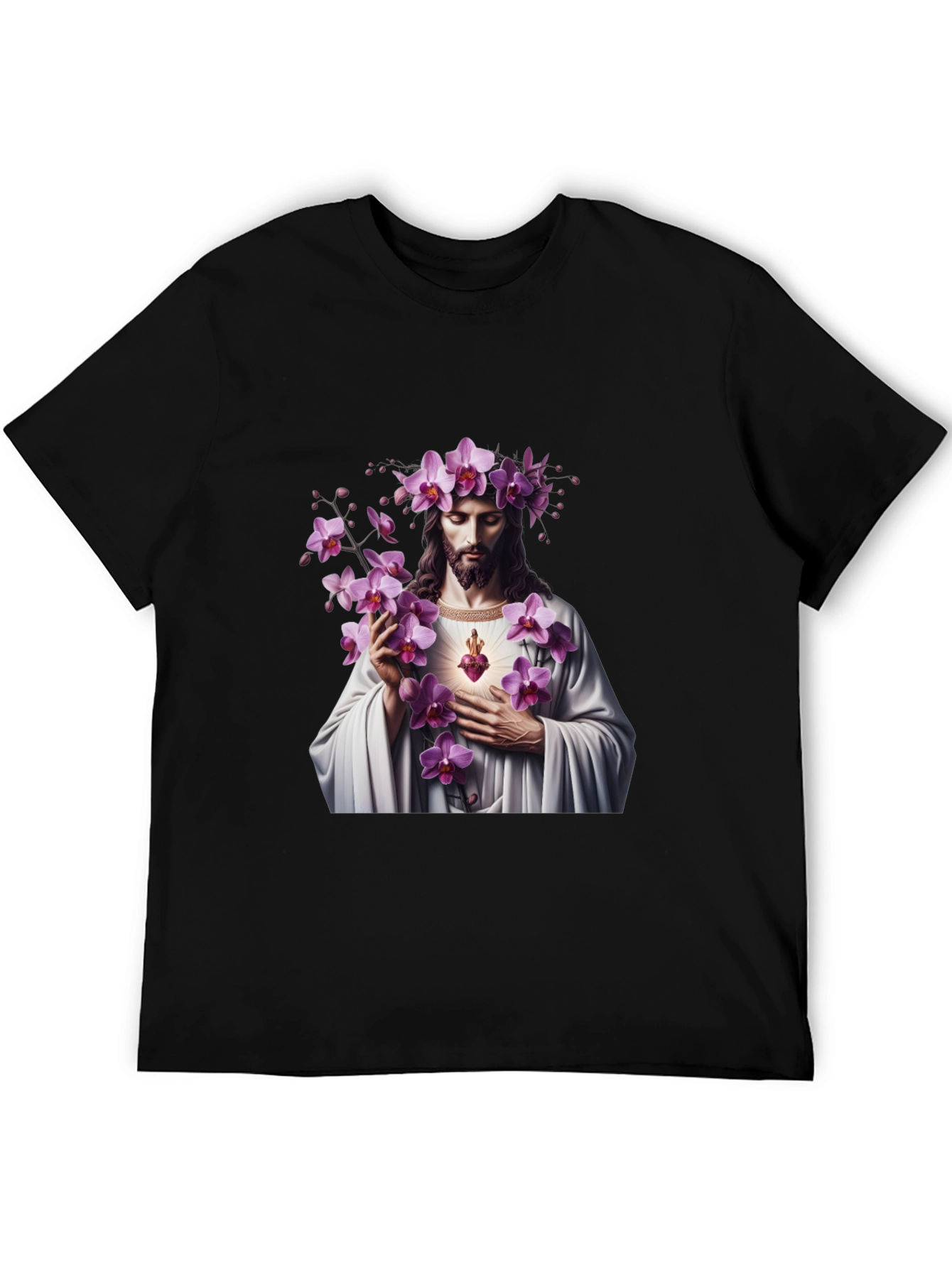 Floral Jesus Graphic Black T-Shirt